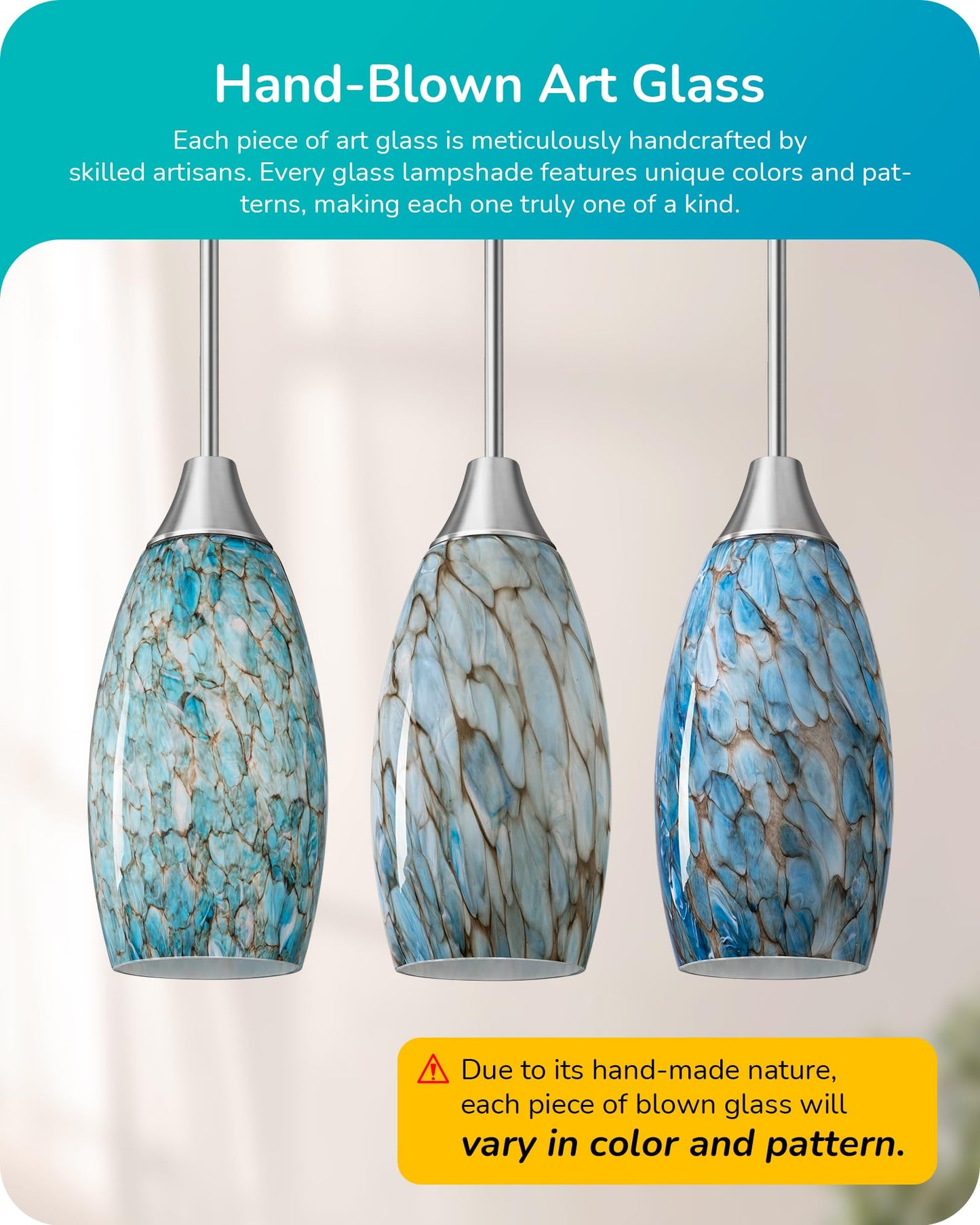 EDISHINE Pendant Light, Hand Blown Hanging Light Fixture, Adjustable Brushed Nickel Rods, 5.12" D x 11.4" H Shade, Blue Glass Pendant Lighting for Kitchen Island, Sink, Bathroom, Dining Room