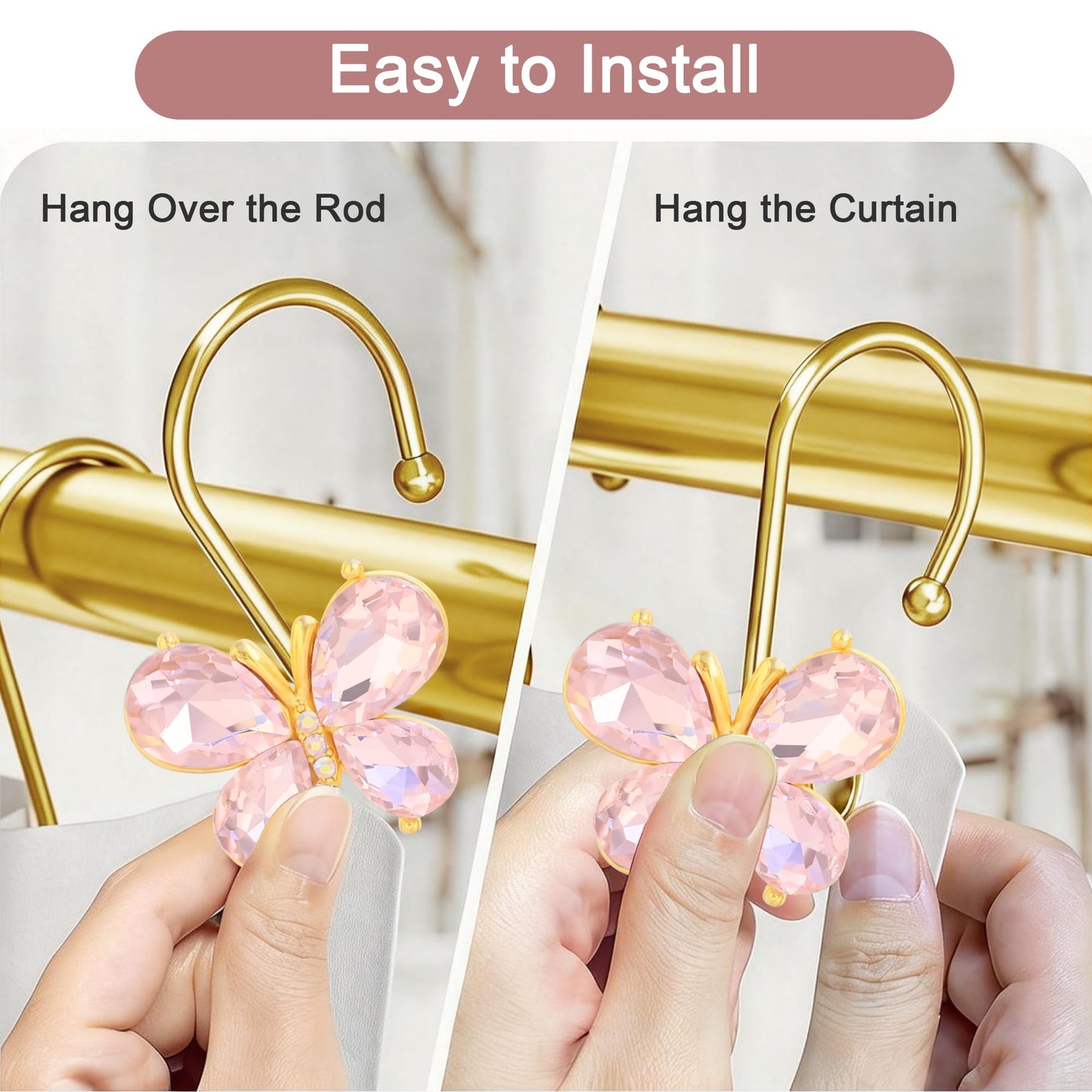 LUMITI Shower Curtain Hooks,12Pcs Rust Resistant Glitter Crystal Butterfly Metal Decorative Shower Rings Hangers for Bathroom Curtains, Clothing, Towels (Pink)