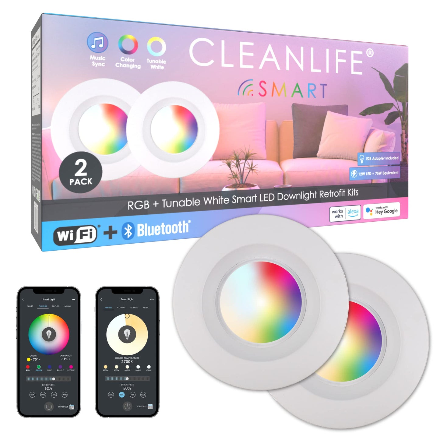 CLEANLIFE 2-Pack Smart LED Recessed Lighting Retrofit Downlight RGB + Tunable White Color Changing Bluetooth + WiFi Dimmable LED Can Lights Fits 5 and 6 inch - 12W, 65W Equivalent, App Enabled
