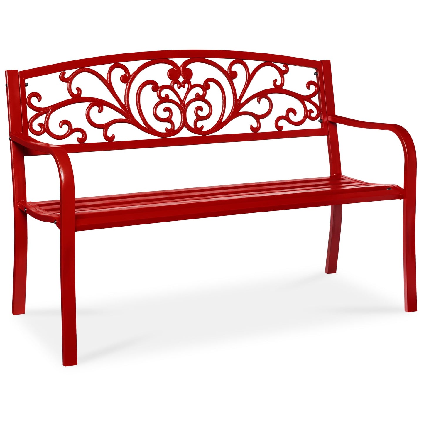 Best Choice Products Outdoor Bench Steel Garden Patio Porch Furniture for Lawn, Park, Deck w/Floral Design Backrest, Slatted Seat - Red