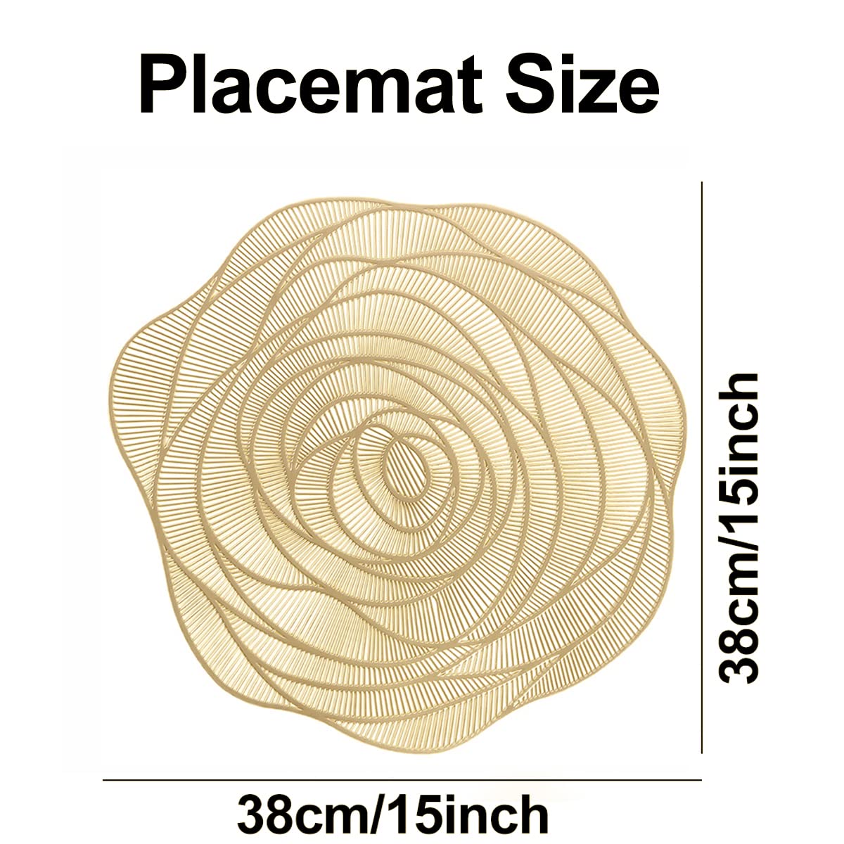 Round Gold Placemats Set of 4 Rose Flower Pressed Vinyl Place Mats Elegant Tablemats Kitchen Table Setting for Wedding Holiday Dining Table Decorative