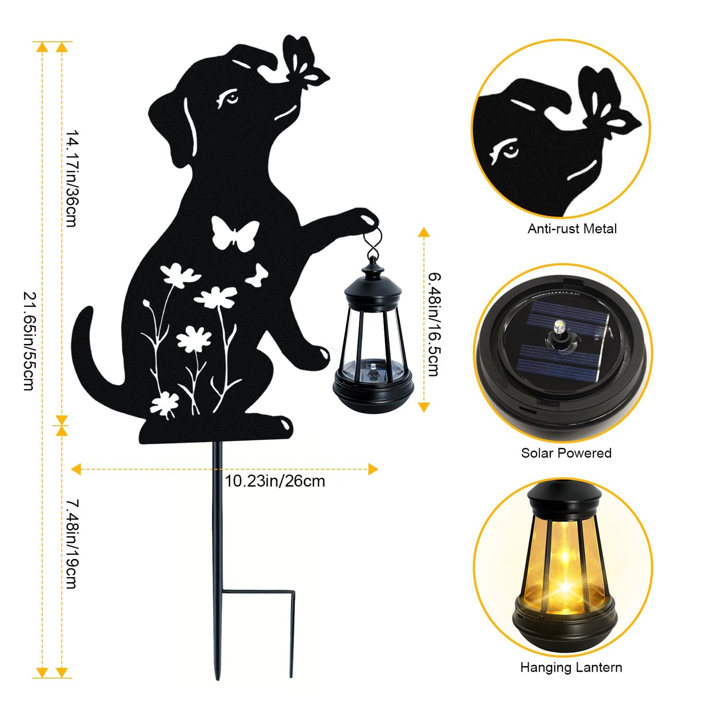 Dog Outdoor Solar Lantern Waterproof, Birthday Gifts for Christmas Women Mom, Solar Hanging Lights with Butterfly Metal Figurine, Garden Decor Outside Patio Yard Pathway Backyard Ornaments, 2 Pack