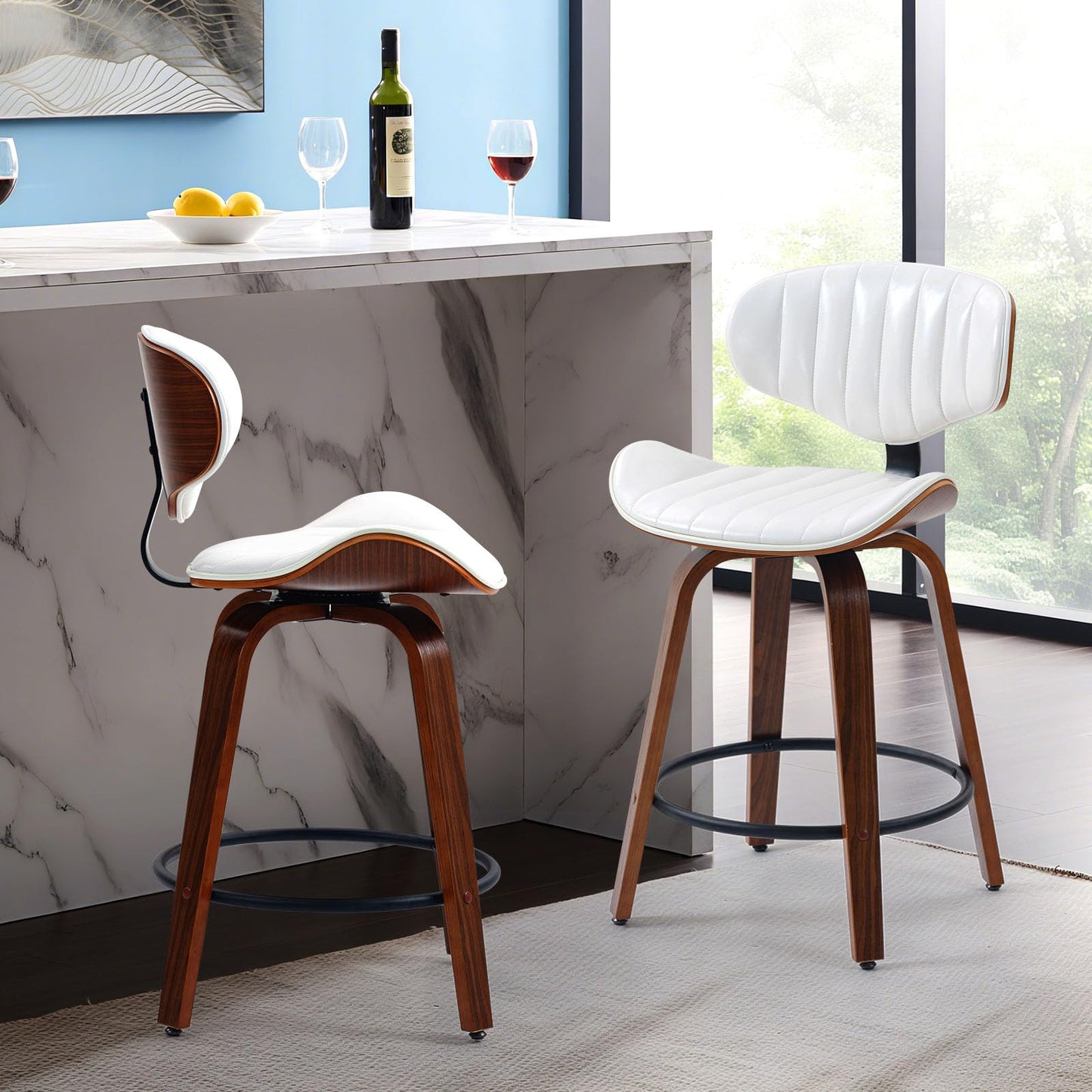 CHIDOCHILO Counter Height Bar Stools Set of 2, 24 inch PU Leather Wooden Bentwood Barstools Swivel Modern Breakfast Bar Chairs with Backrest and Footrest for Kitchen Island, Dining Room D035-White-2