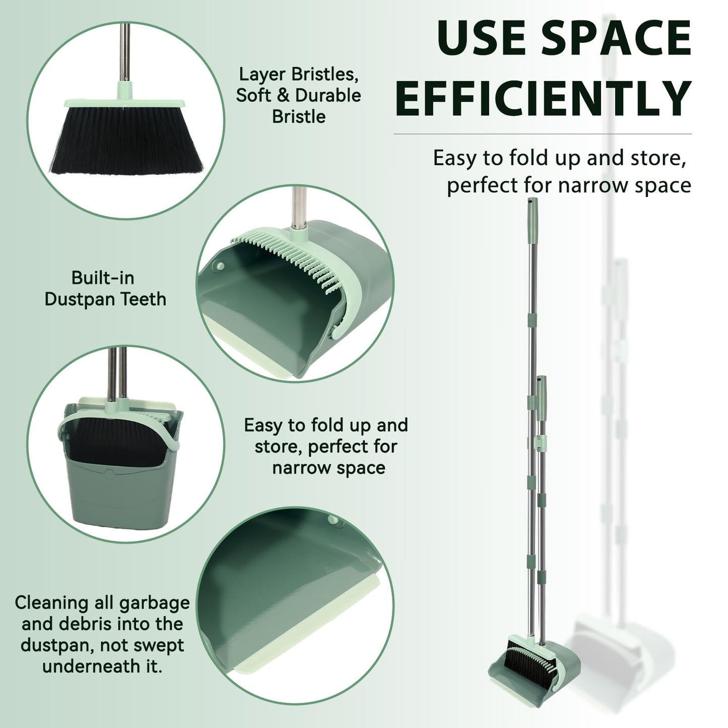YZO Broom and Dustpan Set, 54.33 Inch Long Handle Standing Design, Dustpan Front Rubber Tight Seal, Broom with 5 Layer Bristles, Suitable for Living Room, Bedroom, Yard, Office and Apartment(Green)