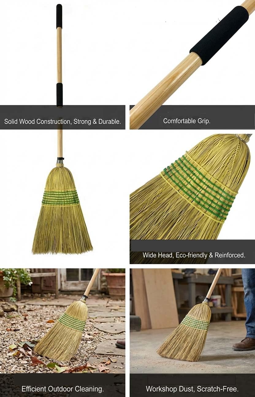 Straw Broom,Handmade Corn Broom Made from Natural Corn stalks, Outdoor Broom Equipped Wooden Handle. Natural Broom Reinforced