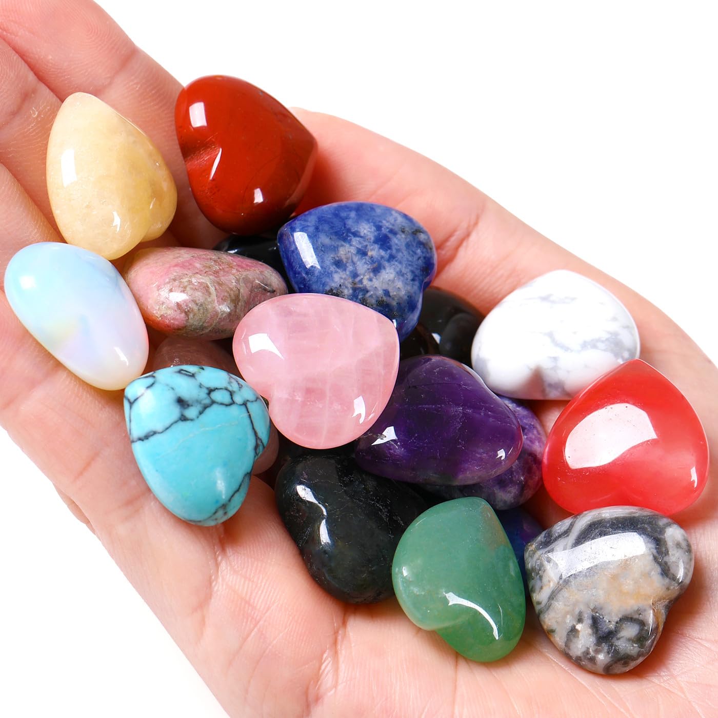QINJIEJIE 20PCS Thick Heart Crystals Stones Love Shaped Rose Quartz Amethyst Gemstones Pocket Palm Crystal Bulk Wholesale Polished Thumb Stones Set 20 Colors Worry Stone Reiki Energy Bulk Gifts for Women