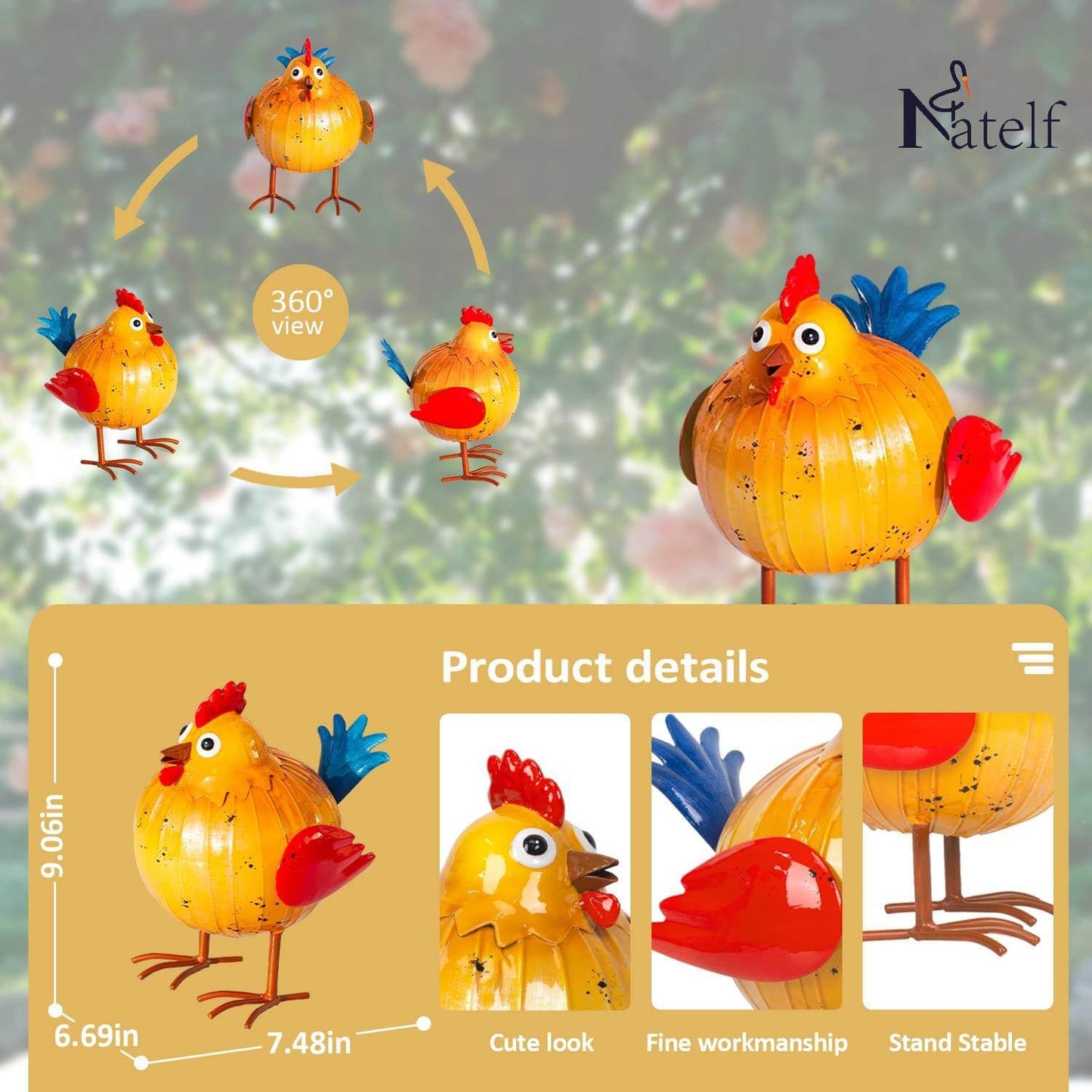 Natelf Metal Rooster Chicken Sculpture for Garden, Patio, Lawn, Porch & Indoor - Rustic Farmhouse Decor