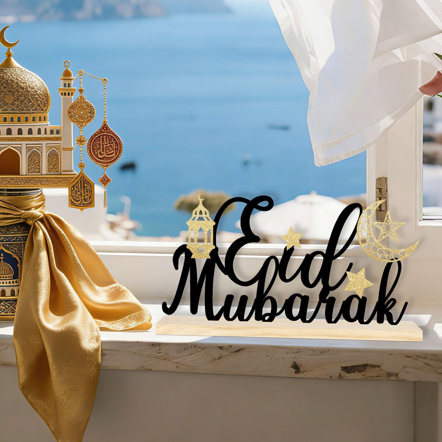 COCHIE Metal Eid Mubarak Sign, Ramadan Decorations for Home, Shelf, Mantel, Indoor, Moon Star Eid Decor, Eid Mubarak Ramadan Table Top Party Decoration (Eid)