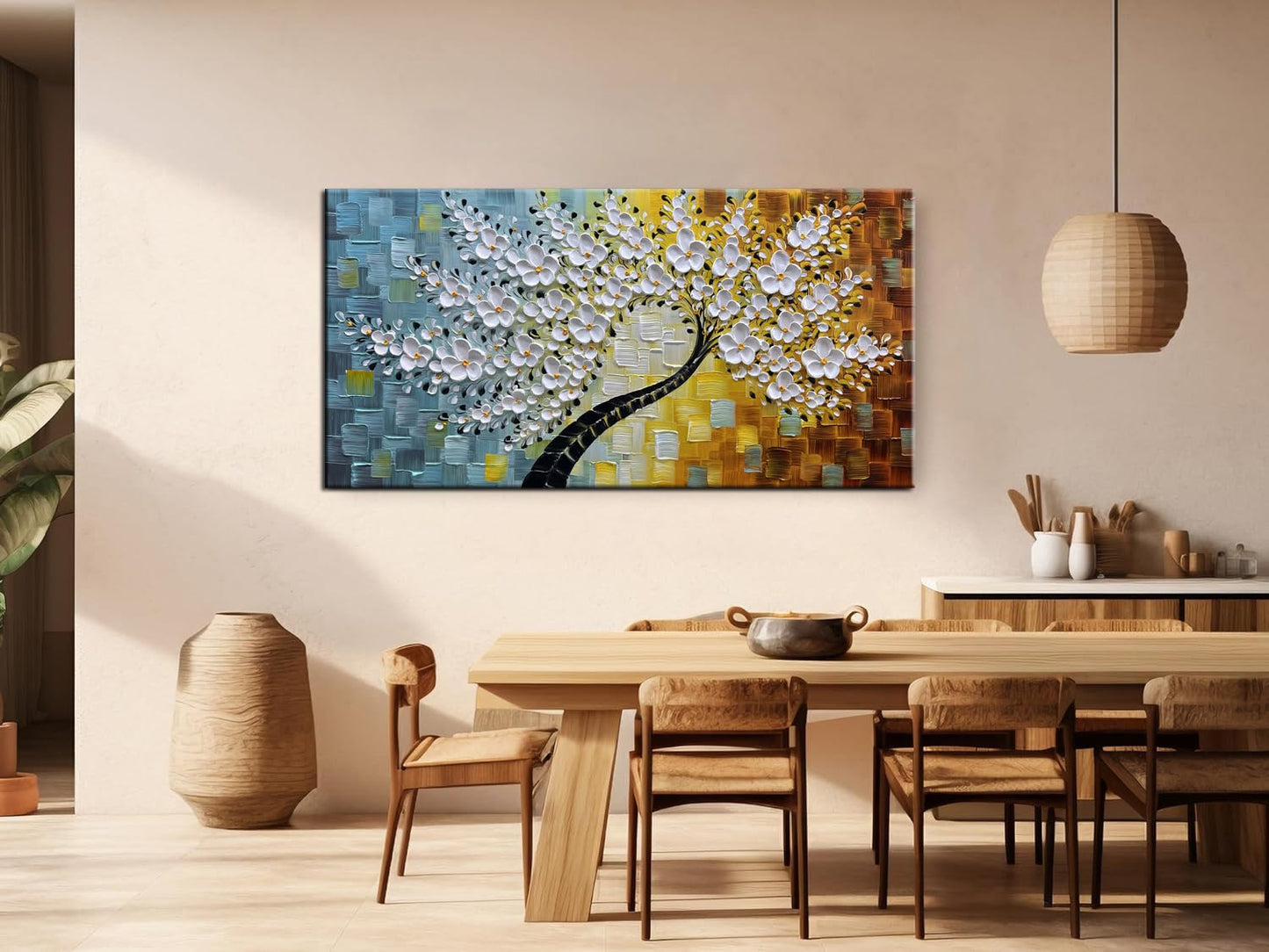 YaSheng Art - Wall Art Oil Painting ,100% HandPainted 3D Texture Wall Art Artwork White Flower Tree Paintings ,Abstract Canvas Wall Art ,Bedroom Dining Room Living Room Modern Wall Art Decor Home , Framed Wall Art Picture 24x48inch