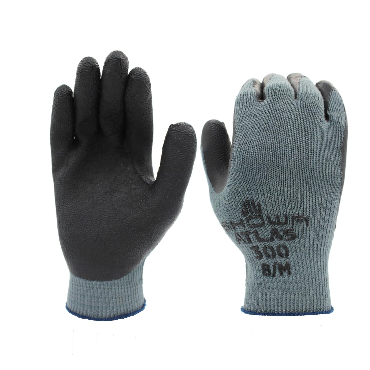 SHOWA Atlas 300B Original 1994 Crinkle Grip Work Gloves, Natural Latex Palm, Heavy Duty 10-Gauge for Construction, Landscaping, Gardening, & Masonry, Black, Large, 12-Pair