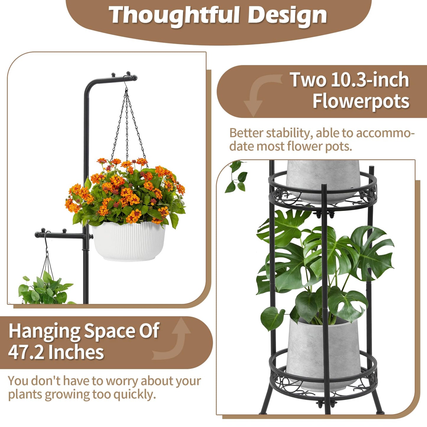 CZWL&HG Hanging Plant Stand Adjustable 2-Tier 72" Metal Shelf -Tall Indoor/Outdoor Plant Rack with Hangers for 4 Potted Flowers, Corner Shelf for Living Room & Patio (Gold)