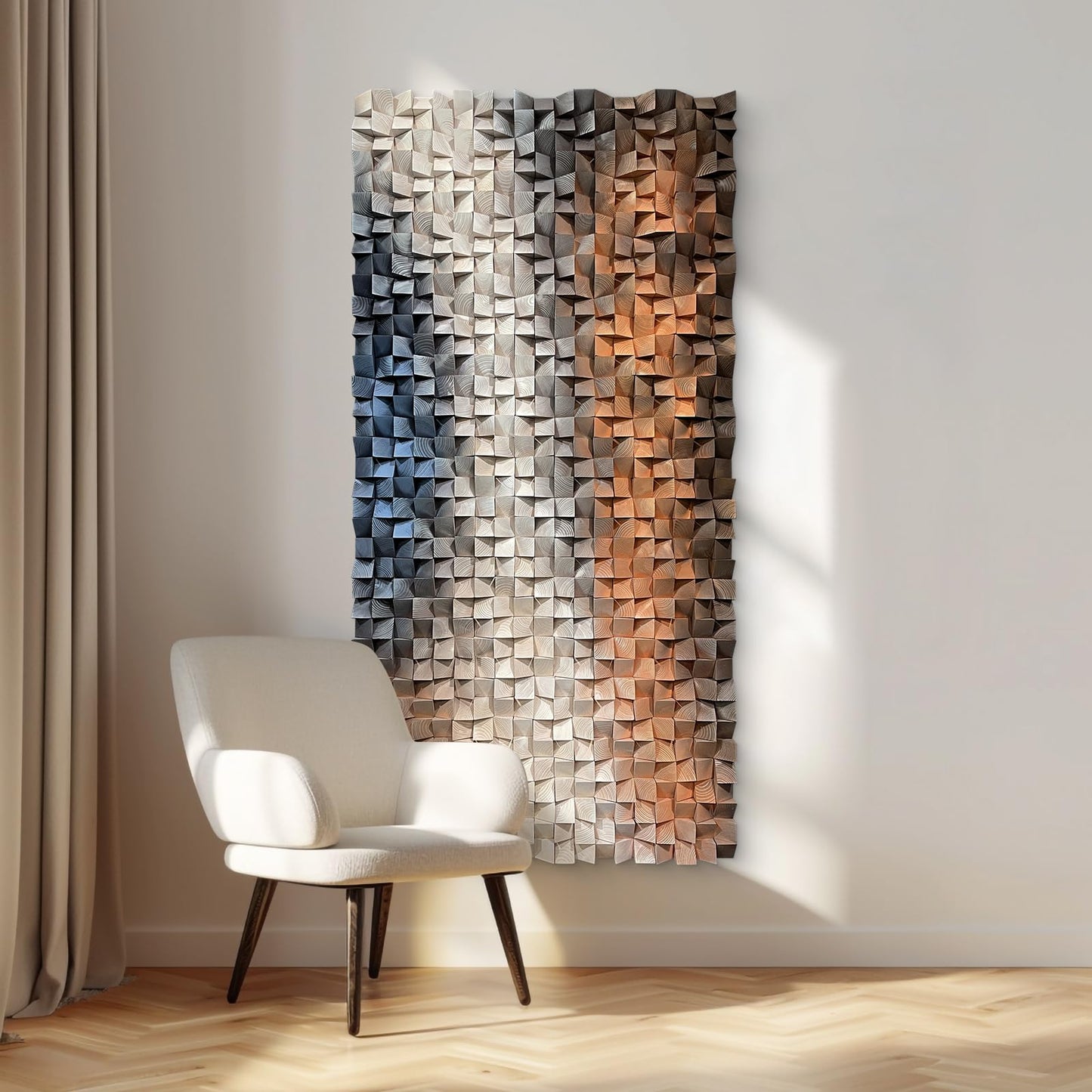 LIUZEYUE Large Wood Wall Art, 3D Textured Mosaic with Geometric Lines, Statement Piece for Stairway Wall or Bedroom, Easy Installation, 27.6x55.1 Inches