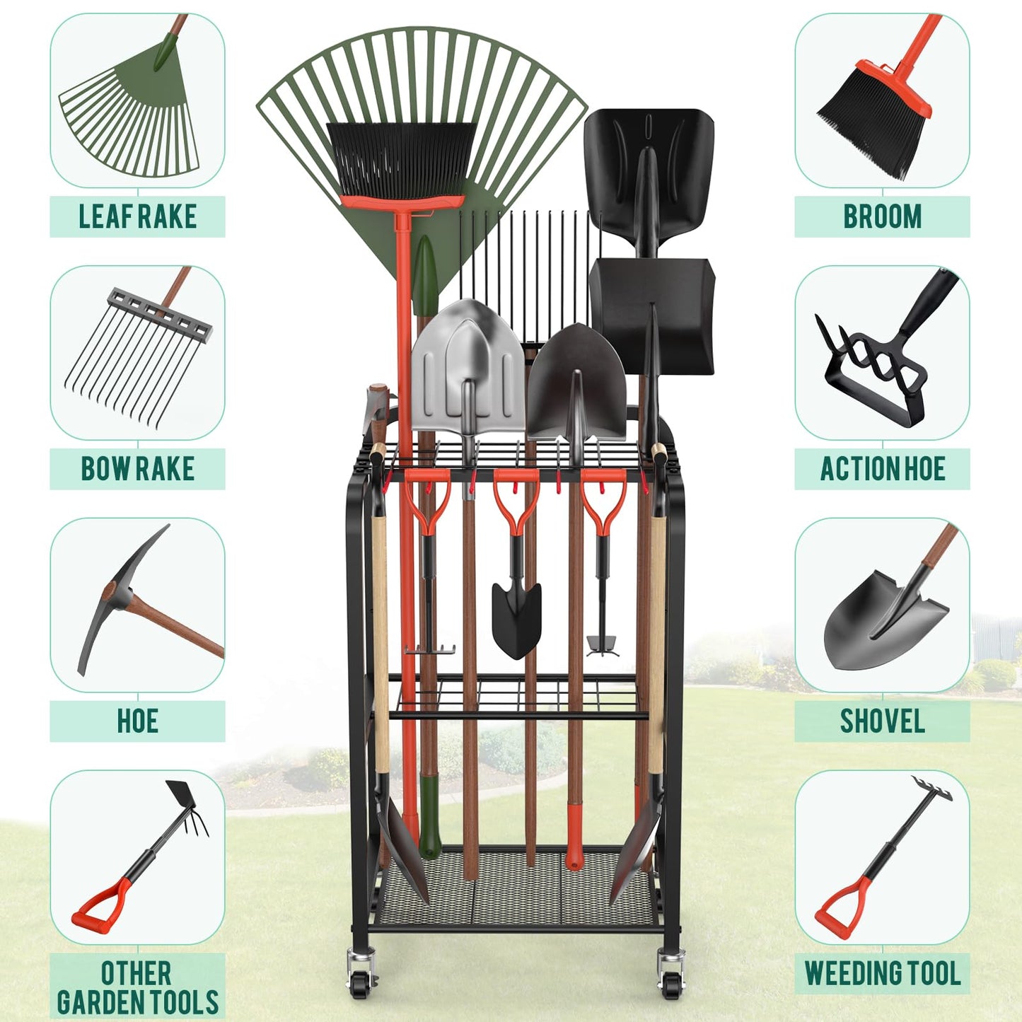 Trieez Garden Tool Organizer for Garage, Yard Tool Organizer with Wheels for Garage Organization and Storage - Sturdy Yard Tool Holder Tool Rack, for Shed, Outdoor, Tool Stand