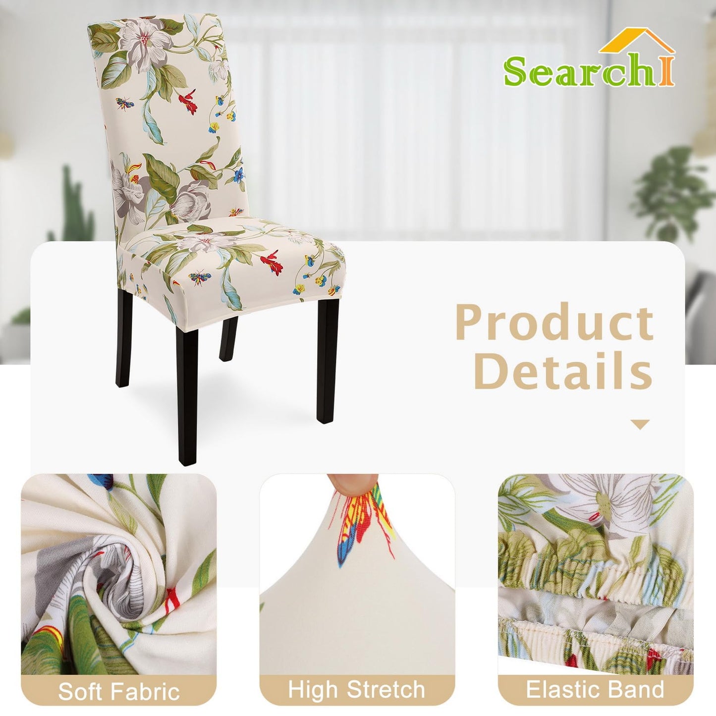 SearchI Chair Covers Slipcovers Set of 4, Spandex Super Fit Stretch Removable Washable Kitchen Parsons Protector for Dining Room,Hotel,Ceremony,Beige+Flowers