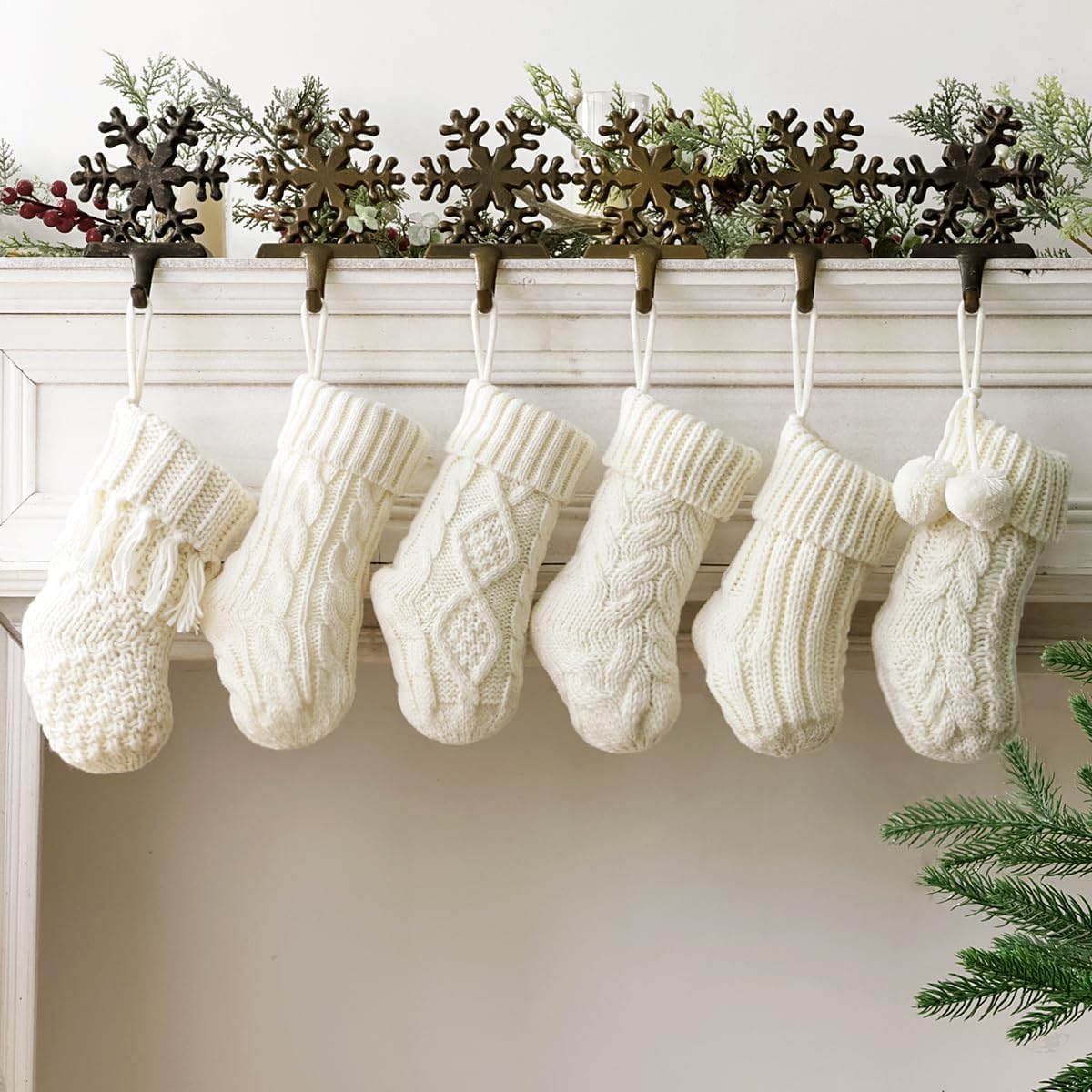Rustic Mini Knitted Christmas Stockings: 6 Pack 9 Inch Beige Cable Knit Fireplace Stockings, Farmhouse Boho Style Cozy Handmade Hanging Xmas Stocking Decorations for Family Holiday Décor, Cream White