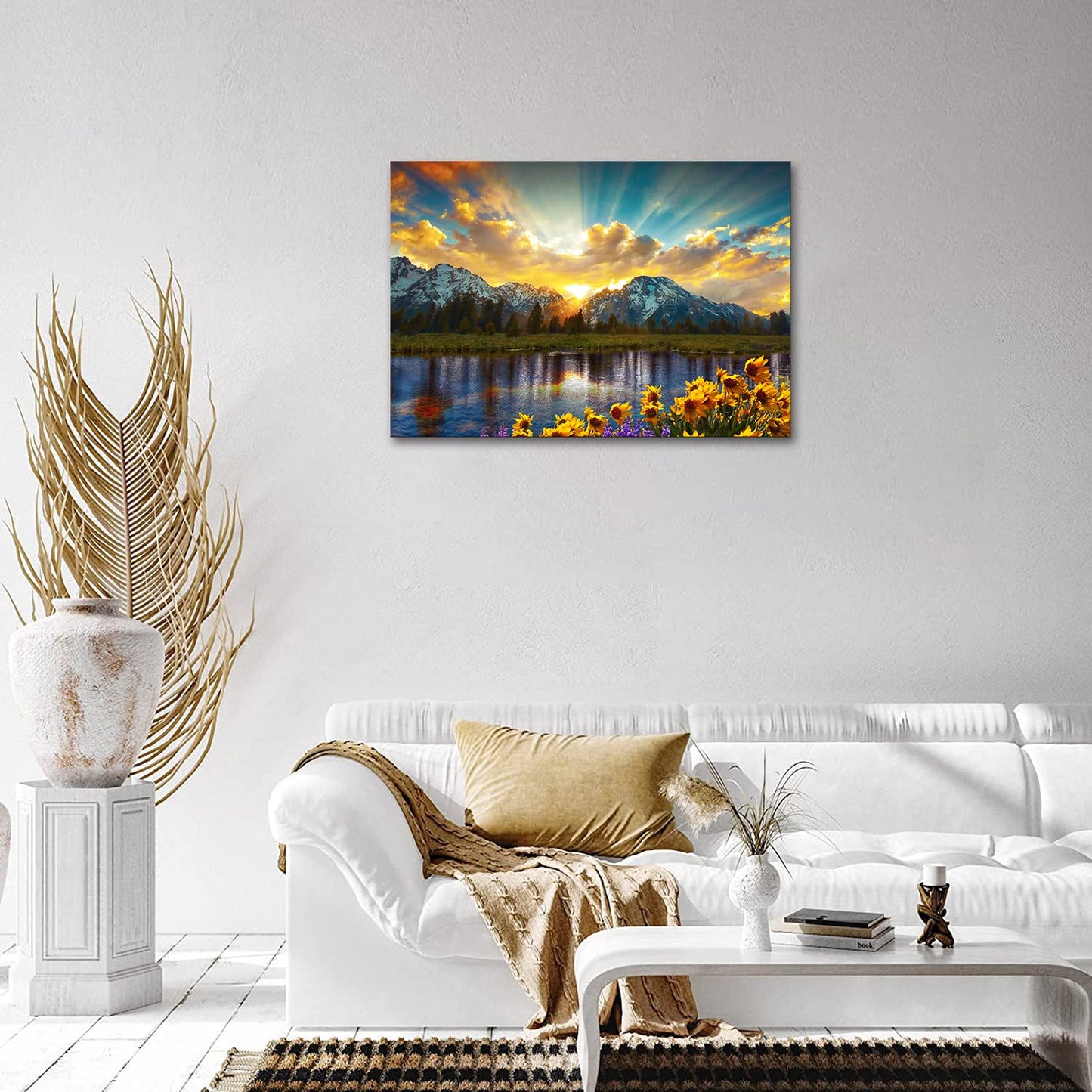 SKASNFAI Grand Teton National Park Wall Art Sunflower Landscape Canvas Mountain Artwork Landscape Print for Living Room Framed (24x36 inch)