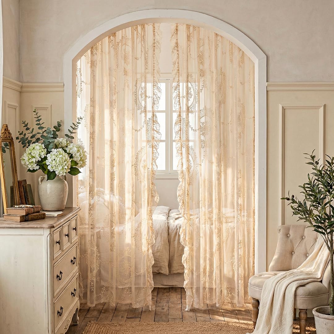 LOHUT Beige Lace Curtains for Bedroom 2 Panels Set Cute Vintage Curtains Sheer Floral Embroidery,52W*63L