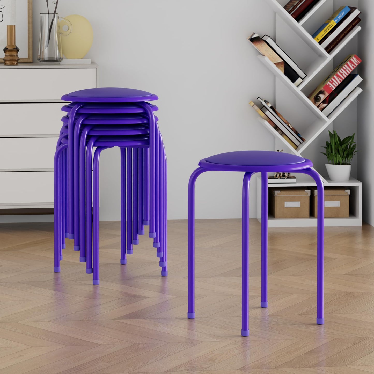 VECELO 6-Piece Stacking Stools, 17 Inch Standard Height, Padded Seat & Steel Legs, Portable Stackable Decoration Stools for School Classroom and Office Use, Purple
