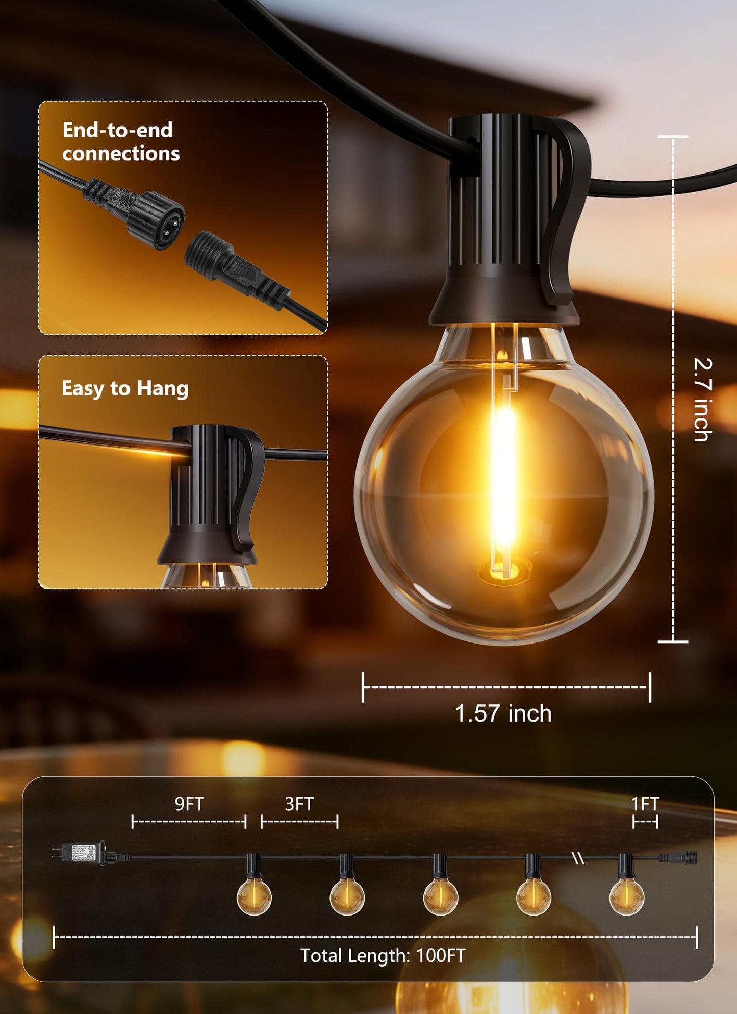 Outdoor String Lights with Remote, 100Ft Outside Waterproof Light with Dimmable G40 LED Bulbs, Shatterproof Connectable Hanging Patio Lights for Porch, Backyard, Bistro, Deck, Balcony, Home Decor