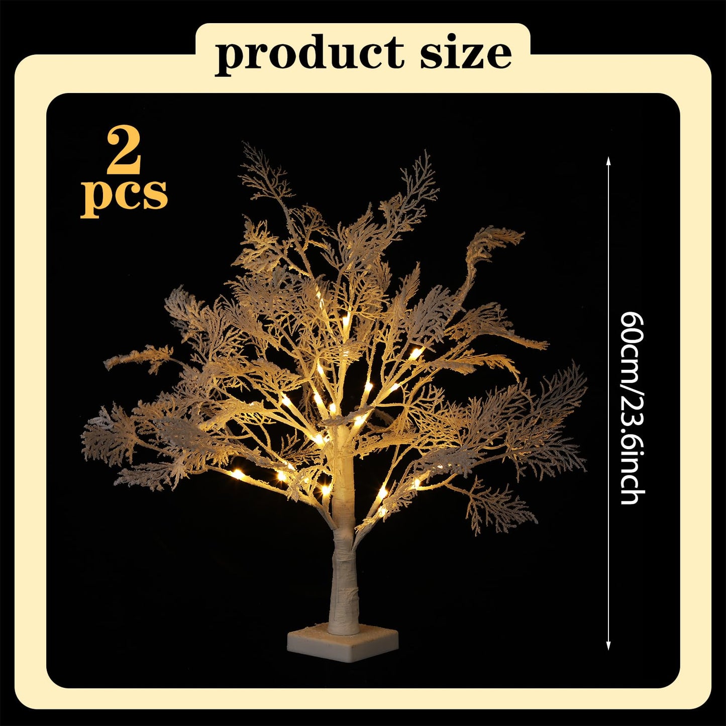 Quzzil 2 Pack Flocked Lights Christmas Tree Tabletop Decoration 24 Inch Artificial Small White Christmas Snow Birch Tree Frost Battery Powered/USB Table Centerpiece for Indoor Mantel Holiday Decor
