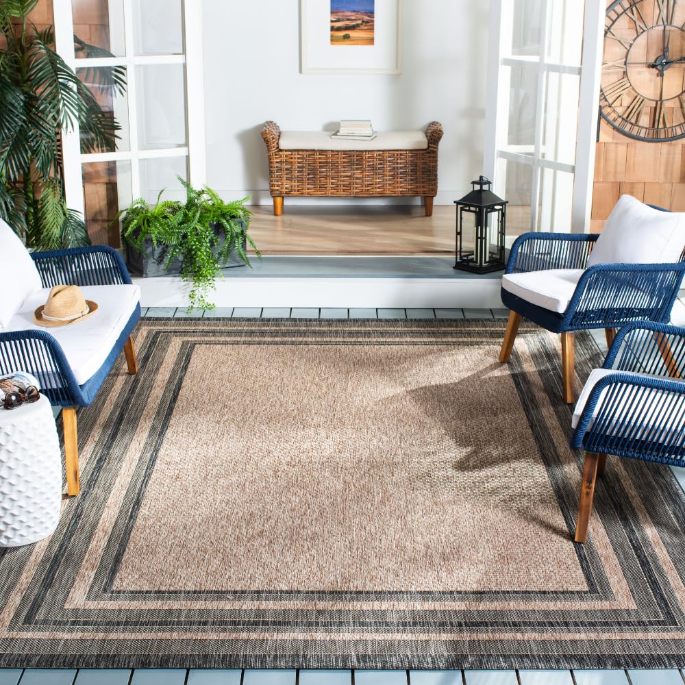 SAFAVIEH Washable Rug Outdoor Courtyard Collection - 10' x 14', Natural & Black, Non-Shedding & Easy Cleaning, Ideal for Patio, Backyard, Mudroom (CY8475-37312)