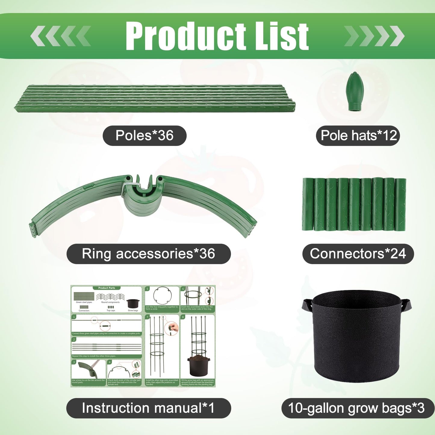 3 Sets Sturdy Tomato Cage with 10 Gal Grow Bags - 48.5" Plants Garden Trellis Planter Kit, Support for Indoor Outdoor Beans, Peppers, Cucumbers, Eggplants, Climbing Vegetable