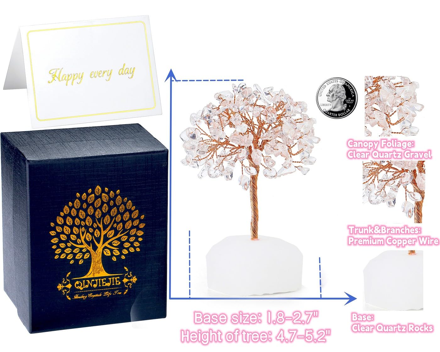 QINJIEJIE Clear Quartz Healing Crystal Tree Decor Natural Stone Gemstone Room Office Desk Small Shelf Decor White Crystal Base Copper Wire Money Tree of Life Spiritual Yoga Gift for Women Men