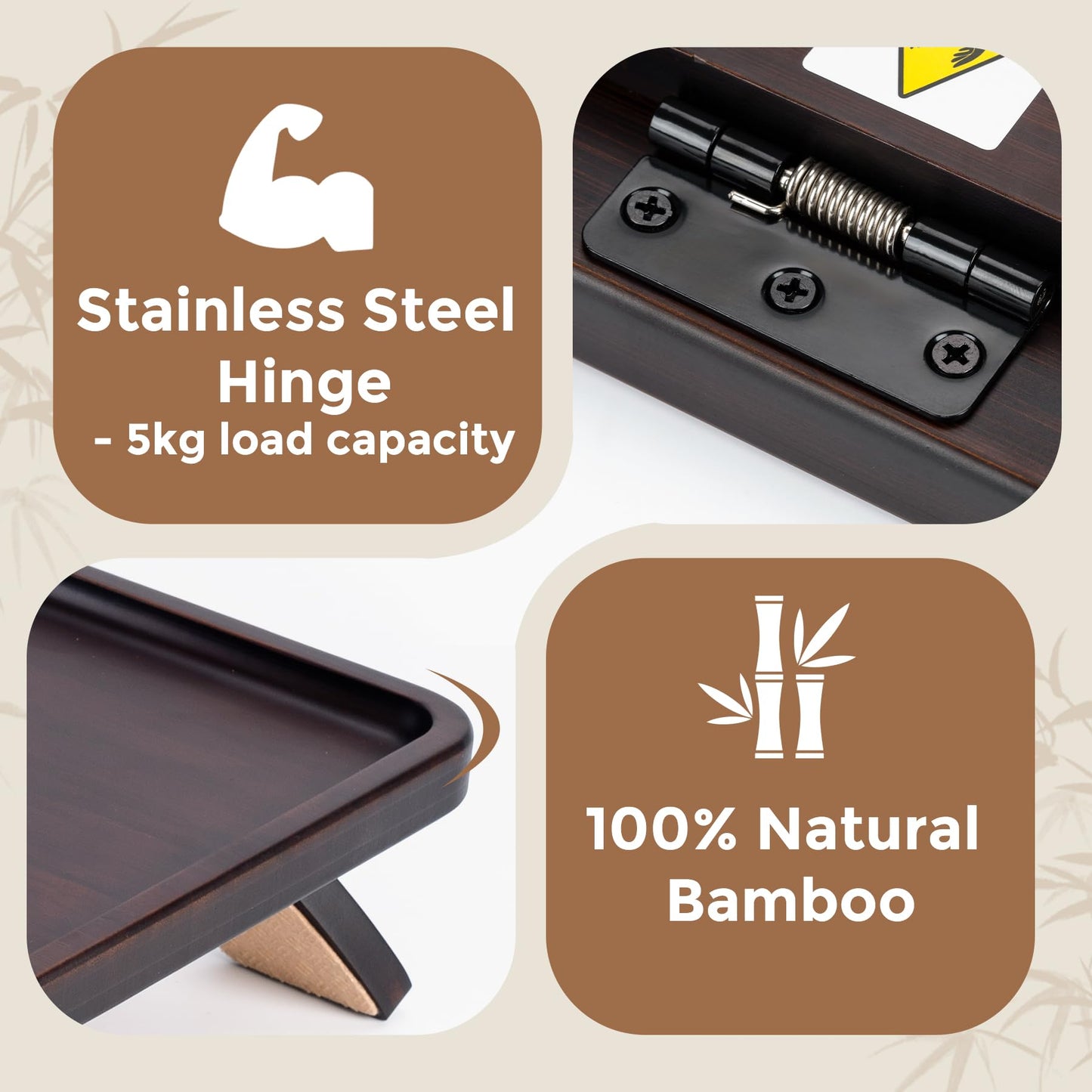 Tomlyop Couch Armrest Table, Foldable Bamboo Sofa Arm Tray for Couch with a Non-Slip Pad, Clip On Couch Arm Table for Remotes/Eatting/Drinks, Fits Sofa Armrest 3.5"-13.5" Brown