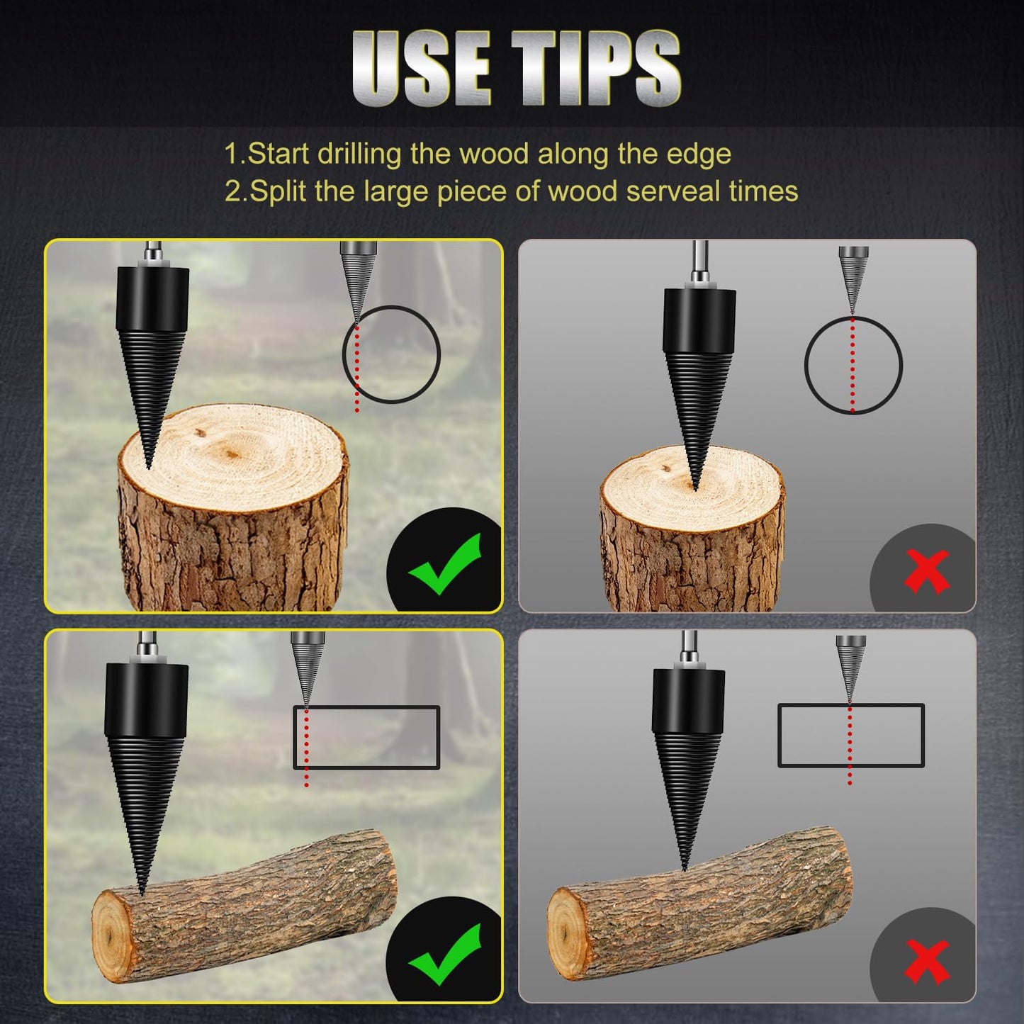 45+32mm Firewood Log Splitter, Fired Wood Kindling Splitter Set Detachable Design, Heavy Duty Electric Drills Screw Cone Driver Removable, Wood Splitting Wedge Tools 6Pcs