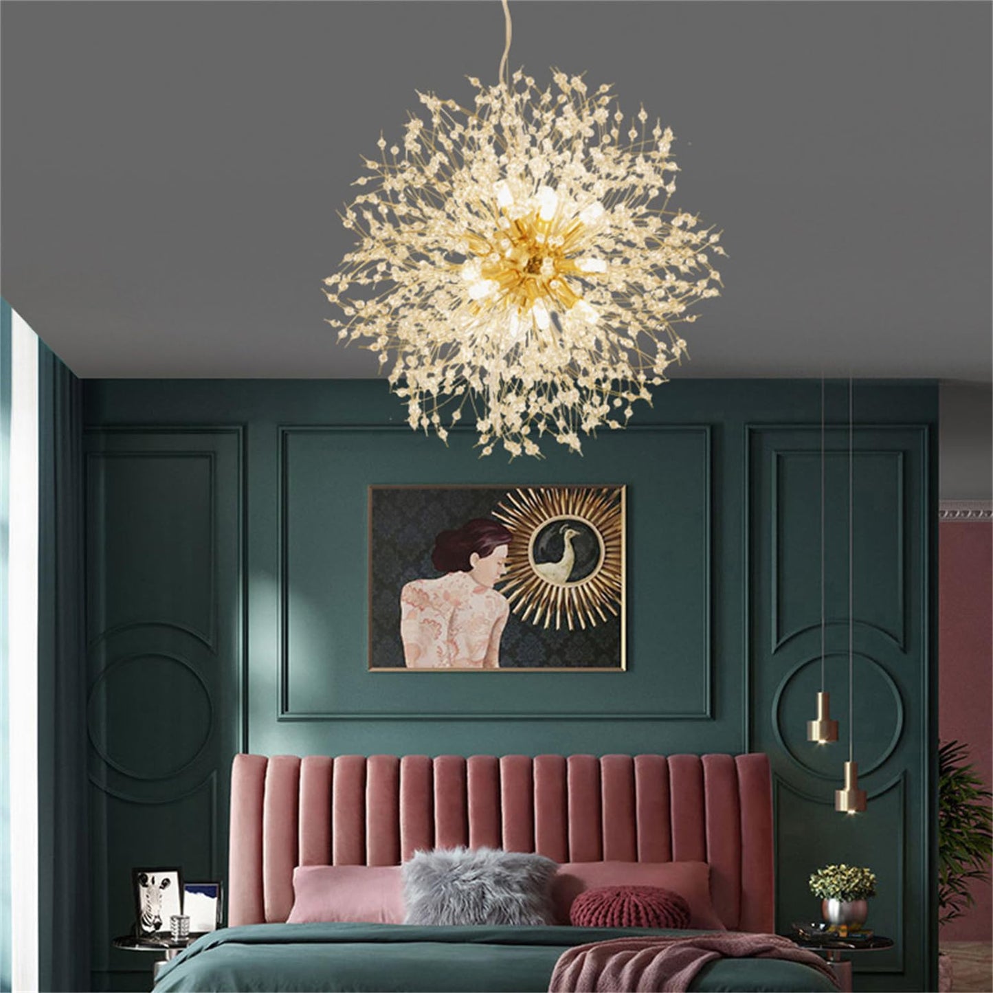 YUFENG Modern Dandelion s, Crystal Fireworks Sputnik Ceiling Light Fixture, Round Pendant Lighting for Dining Room Living Room Bedroom Bathroom Kitchen Foyer Girls Room,Silver 8Lights