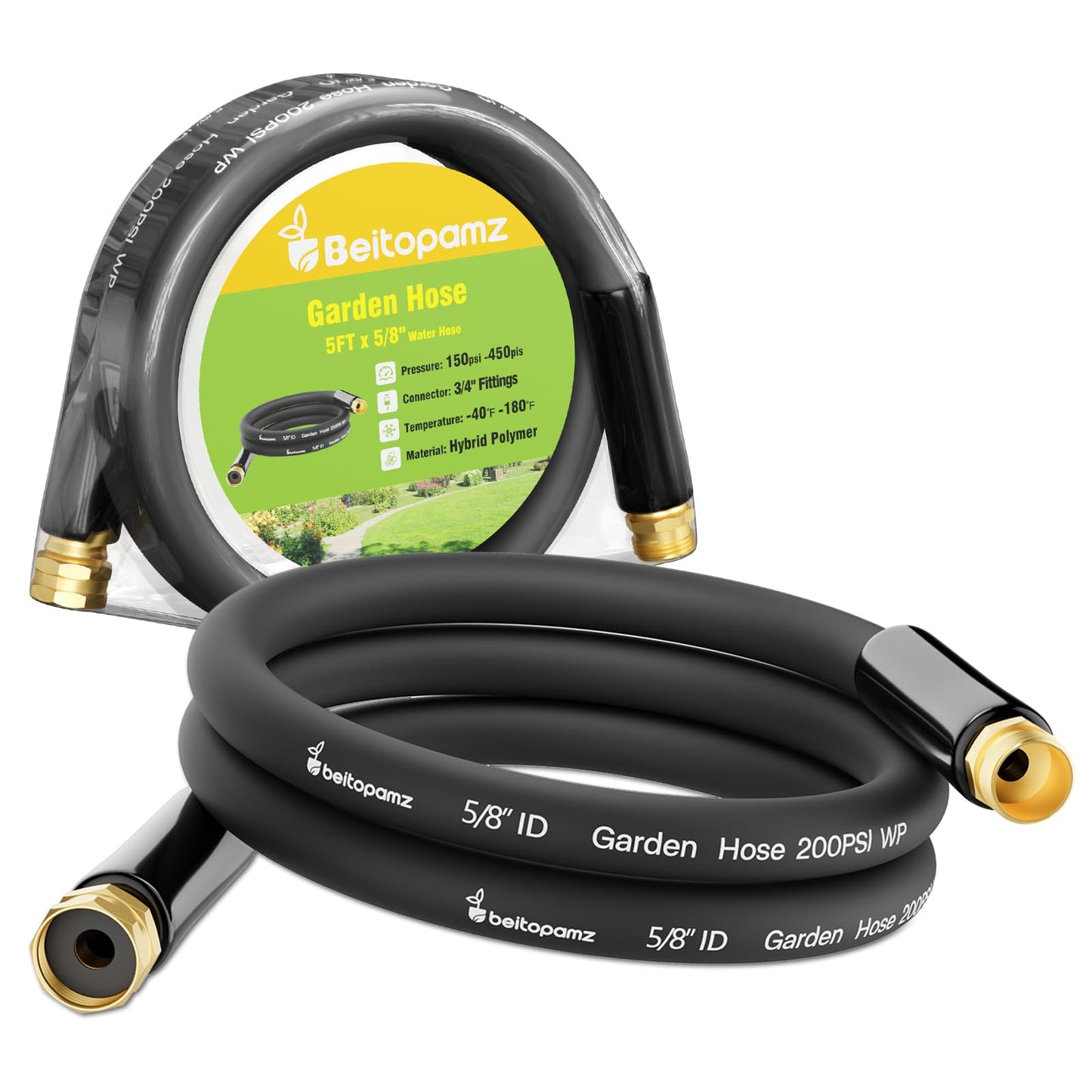 Beitopamz Short Garden Hose 5 ft x 5/8 in Male to Female Heavy Duty Small Water Hose Extender Connector, Lightweight Rubber Hybrid Leader Hose, Leak-Free Connections, 3/4'' Brass Fittings, Black