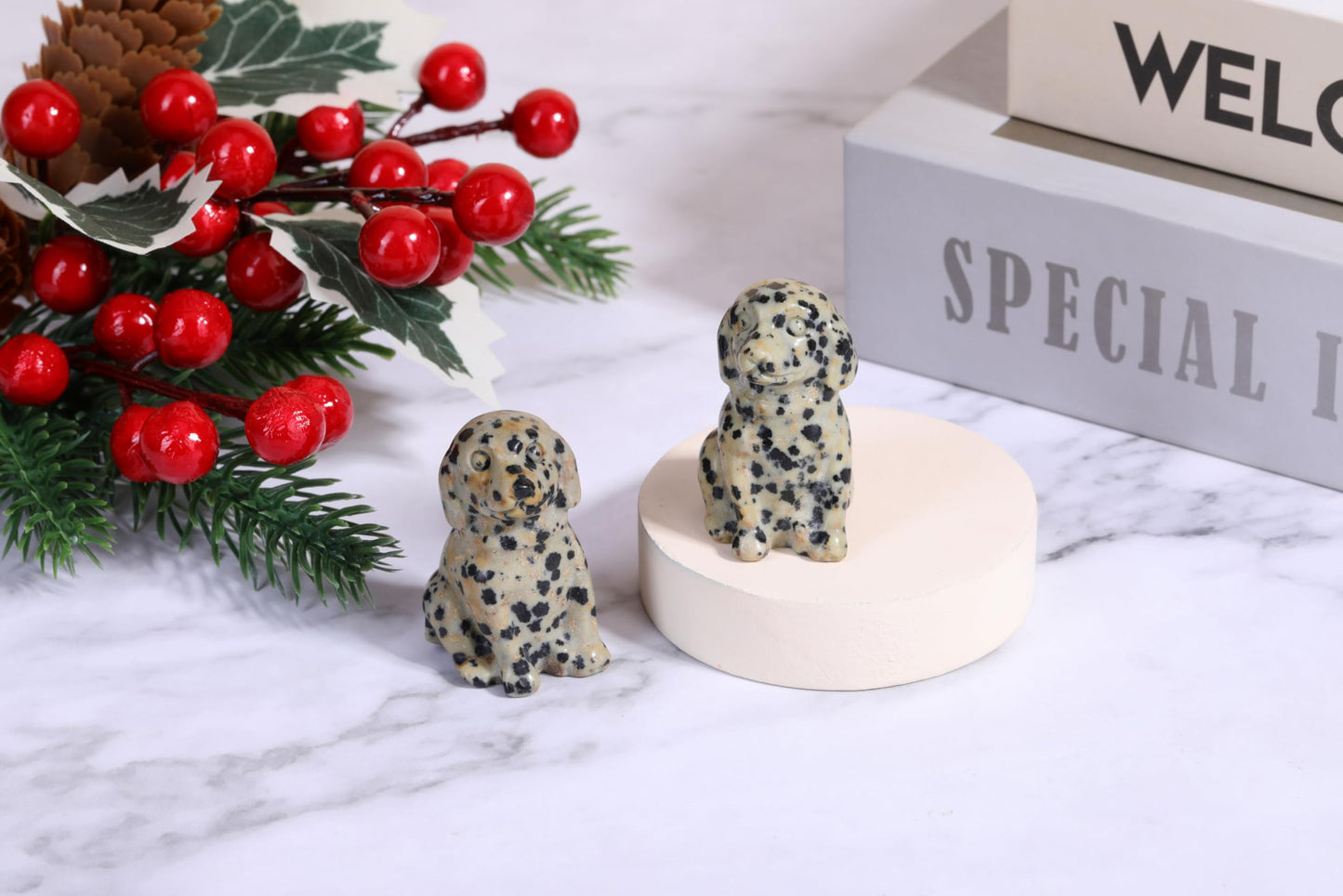 CrystalTears Dalmation Spot Jasper Crystal Dog Ornament, Cute Dogs Gifts for Women Dog Lovers Men Christmas, 1.5” Lucky Healing Gemstone Labrador Dogs Puppy Figurine Statue for Home Office Desk Decor