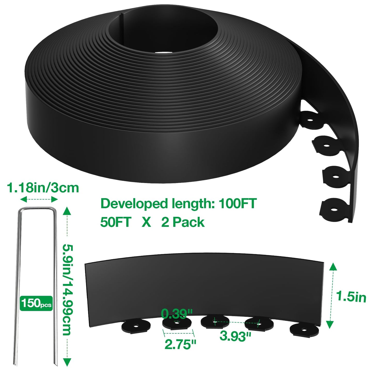 Bonviee 1.5” x 100’ Landscape Edging Kit, Garden Edging Coil with 150 Pcs Spikes, No Dig Lawn Border Design