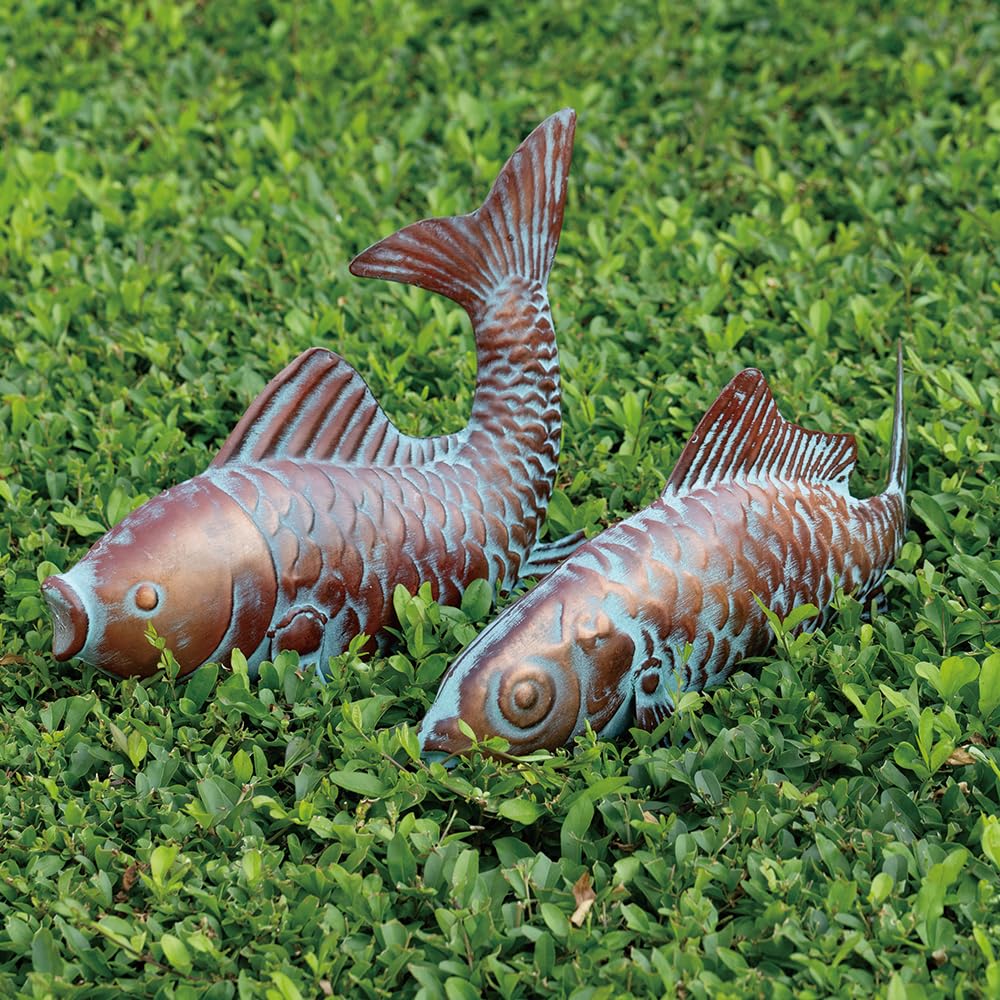 G/N Set of 2 Koi Fish Decor Outdoor Statue Sculpture Garden Pond Fishes Yard Art Antique Copper Koi Sculptures & Statues Large Metal Koi Fish Figurine Ornaments Décor Gifts for Women Mom Grandma