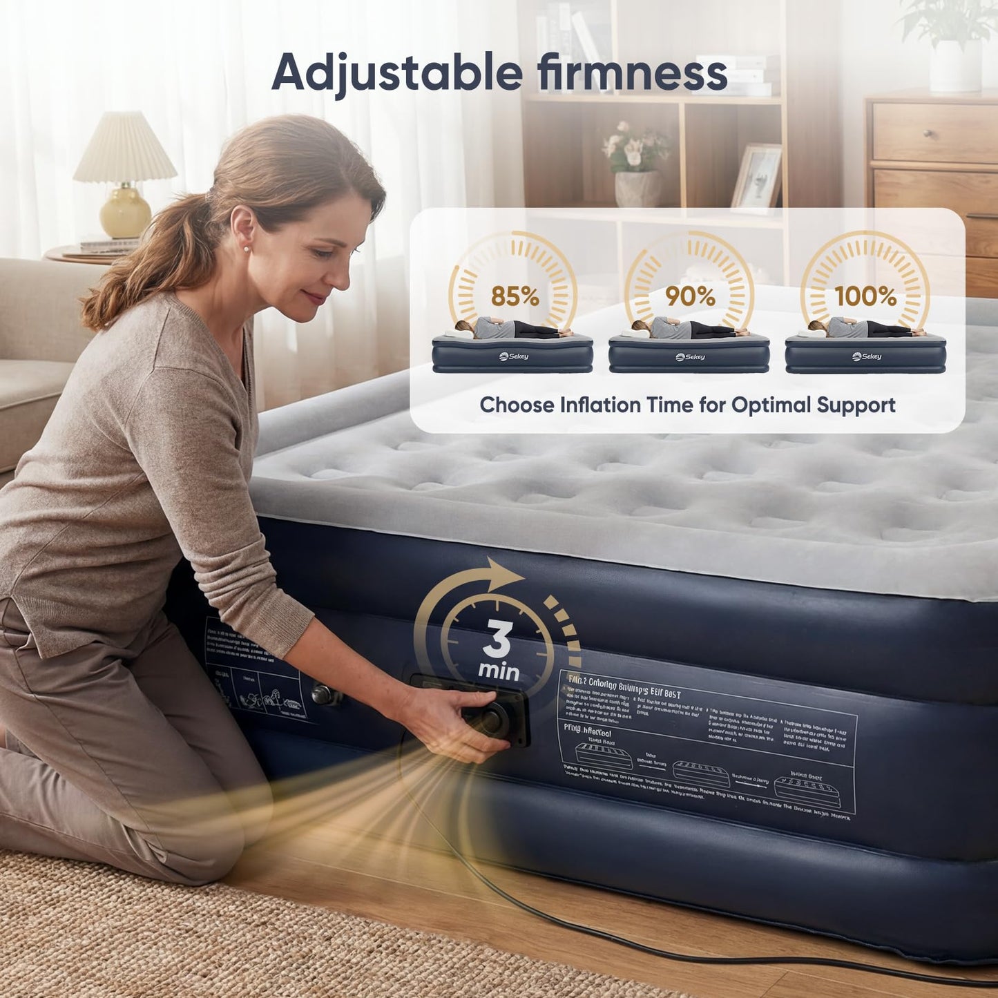 Sekey Queen Air Mattress with Built-in Pump, 18" Raised Inflatable Bed with Anti-Deflation Technology, Odorless & Puncture Resistant Blow Up Mattress for Home Guests & Travel, 660 lbs Capacity