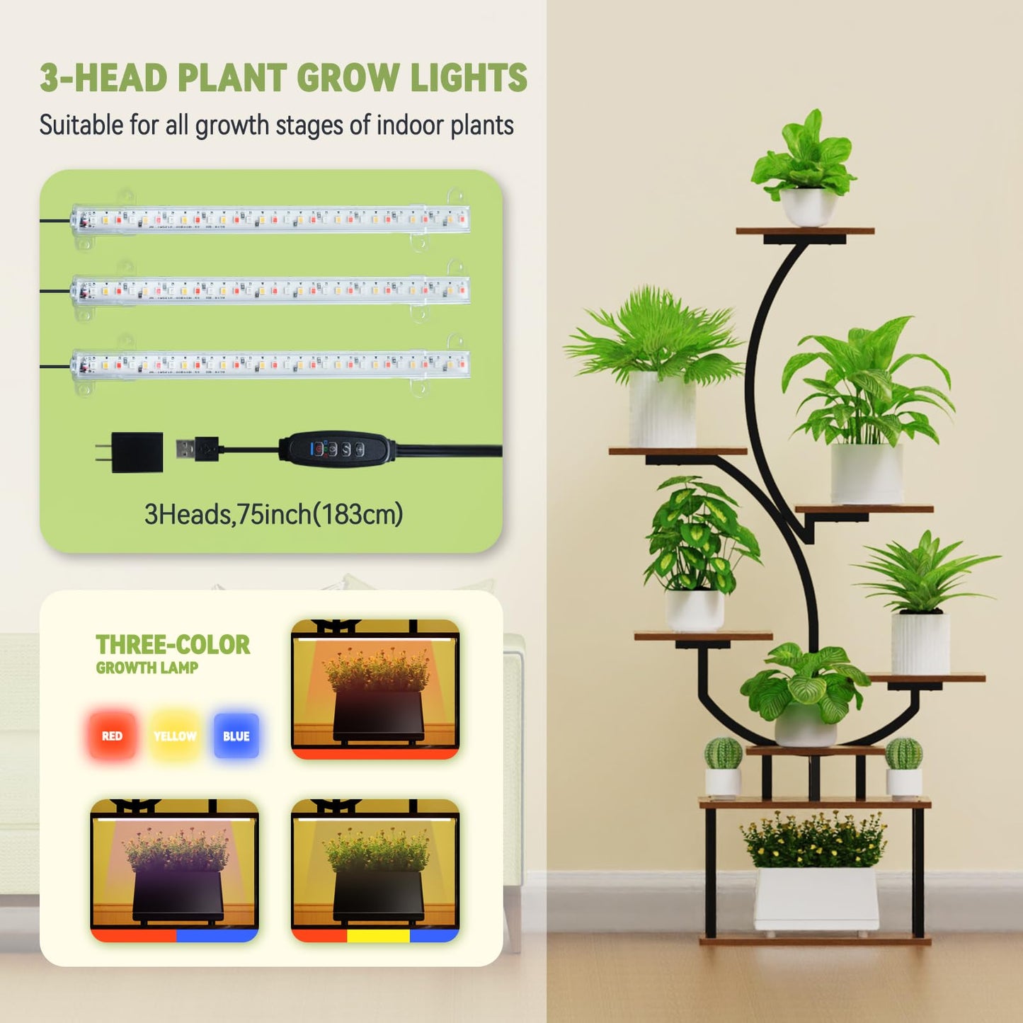 BRITEWAVE Indoor Plant Stand with LED Grow Light,8-Tier S-Shaped Corner Plant Stand,48.43 Inch Heavy,Duty Metal Indoor Plant Rack for Home, Balcony and Living Room