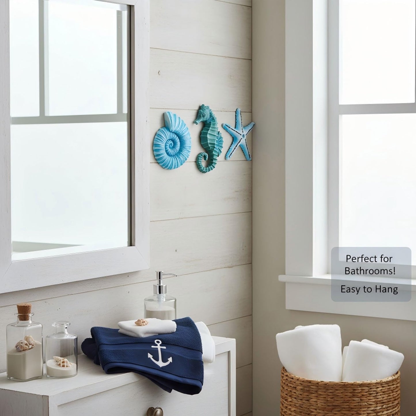 AIM & GGKK 3D Art Ocean Beach Wall Decor Coastal Decorations Sets with Starfish, Seahorse,Conch for Bedroom Bathroom Livingroom Beach House