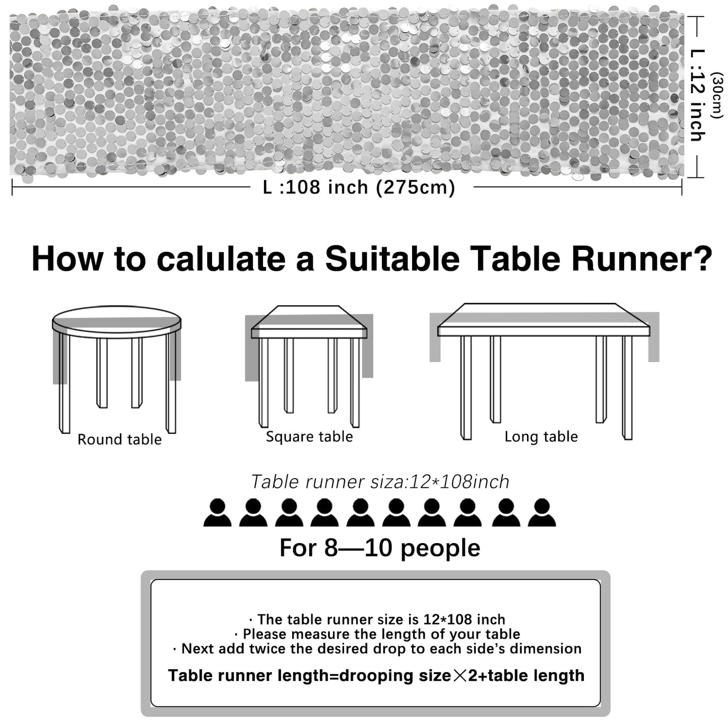 Yblut 12 x 108 Inch Silver Sequin Table Runner Glitter Rectangle Big Sequin Table Runner for Wedding Party Birthday Christmas Halloween Decoration (1 Pack)