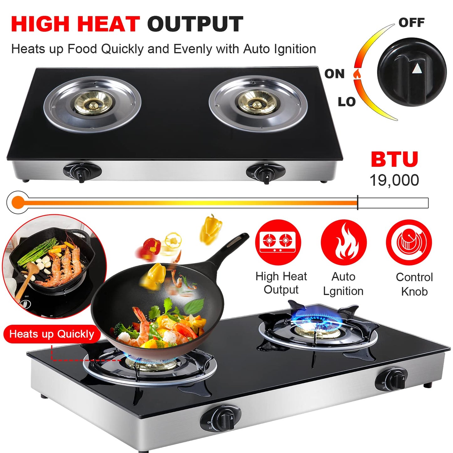 forimo Propane Gas Cooktop 2 Burners Gas Stove portable Tempered Glass Double Burners Stove Auto Ignition Camping Double Burner LPG for RV,Apartments,Outdoor
