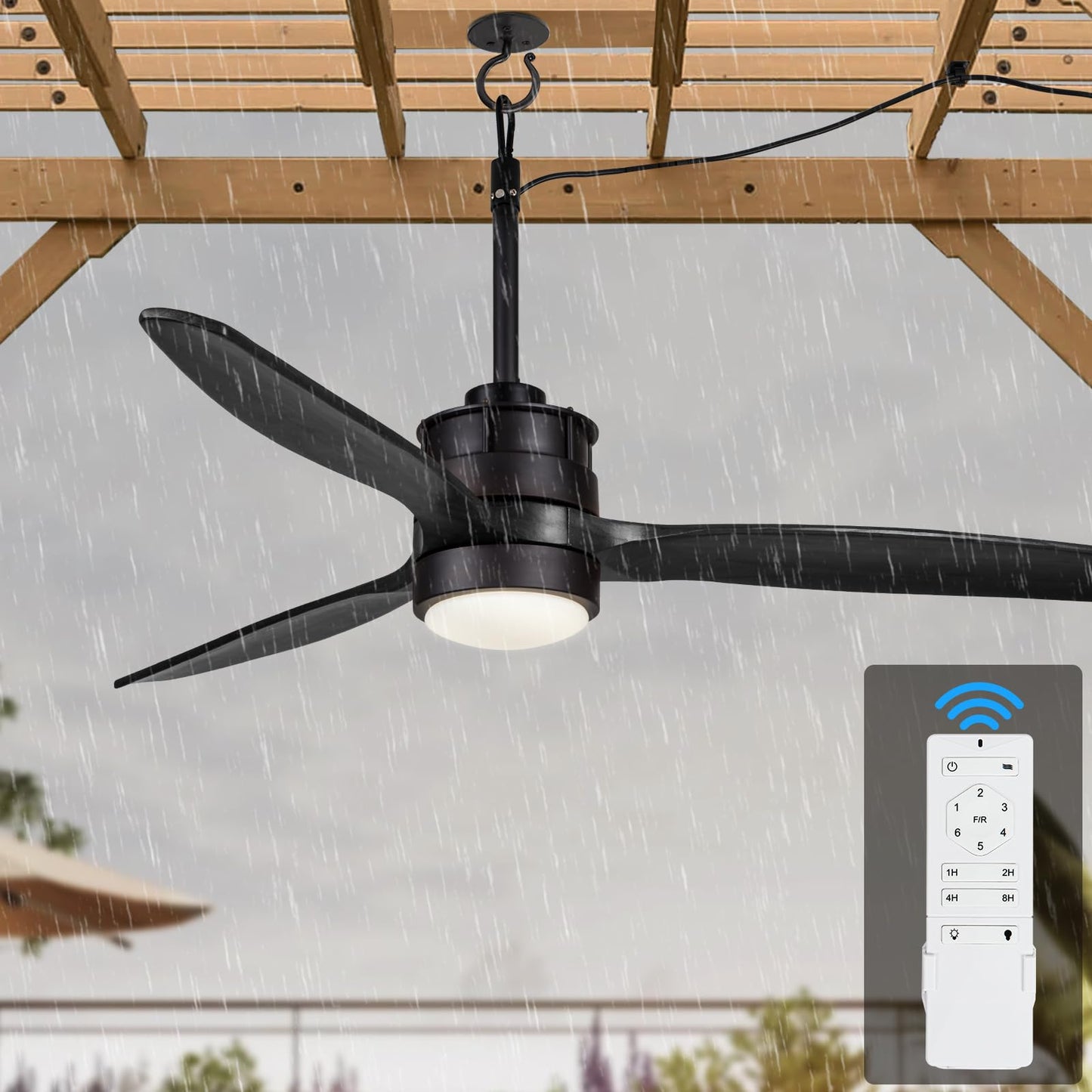 EKIZNSN 42“ Wet Rated Gazebo Ceiling Fans Outdoor Hanging for Patios Waterproof, Pergola Ceiling Fan with Light, Hook Installation, Black