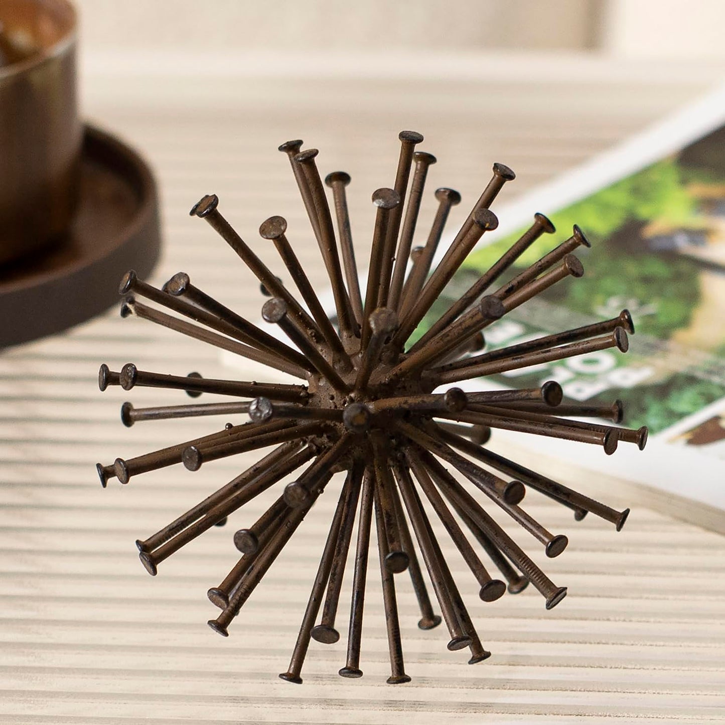 TICKCACY Metal Starburst Sculpture, Spike Tabletop Decorative Sphere, Small Abstract Geometric Urchin Decor Ball, Rusty Iron Table Top Decoration Orb for Home Living Room Bedroom Office Shelf