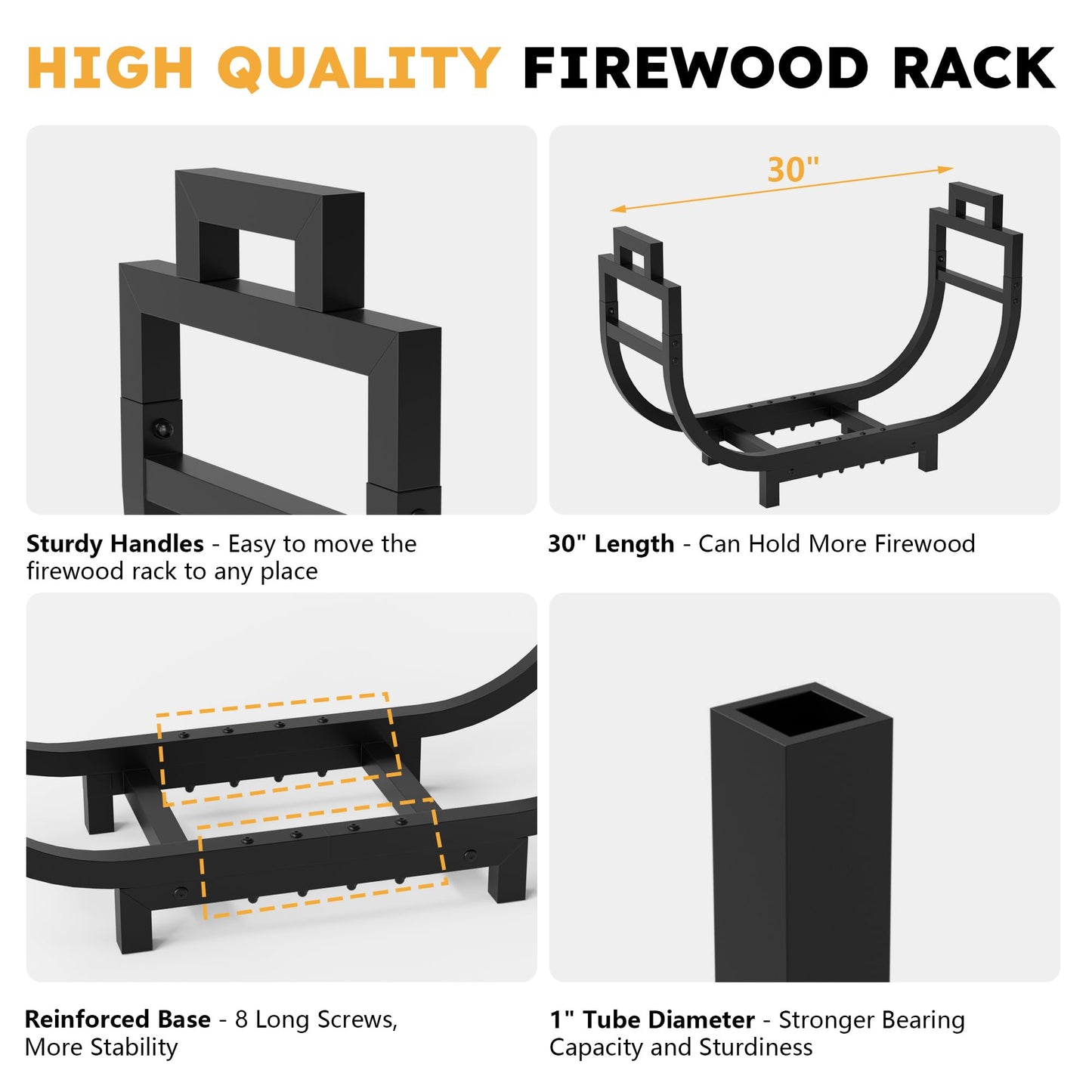 GAVISCITY 30 Inch Firewood Rack Outdoor Indoor with Handle and Log Carrier Bag, Stable Metal Wood Rack Heavy Duty Log Holder for Fireplace Patio Deck, Rustproof Firewood Storage Organizer Tool, Black