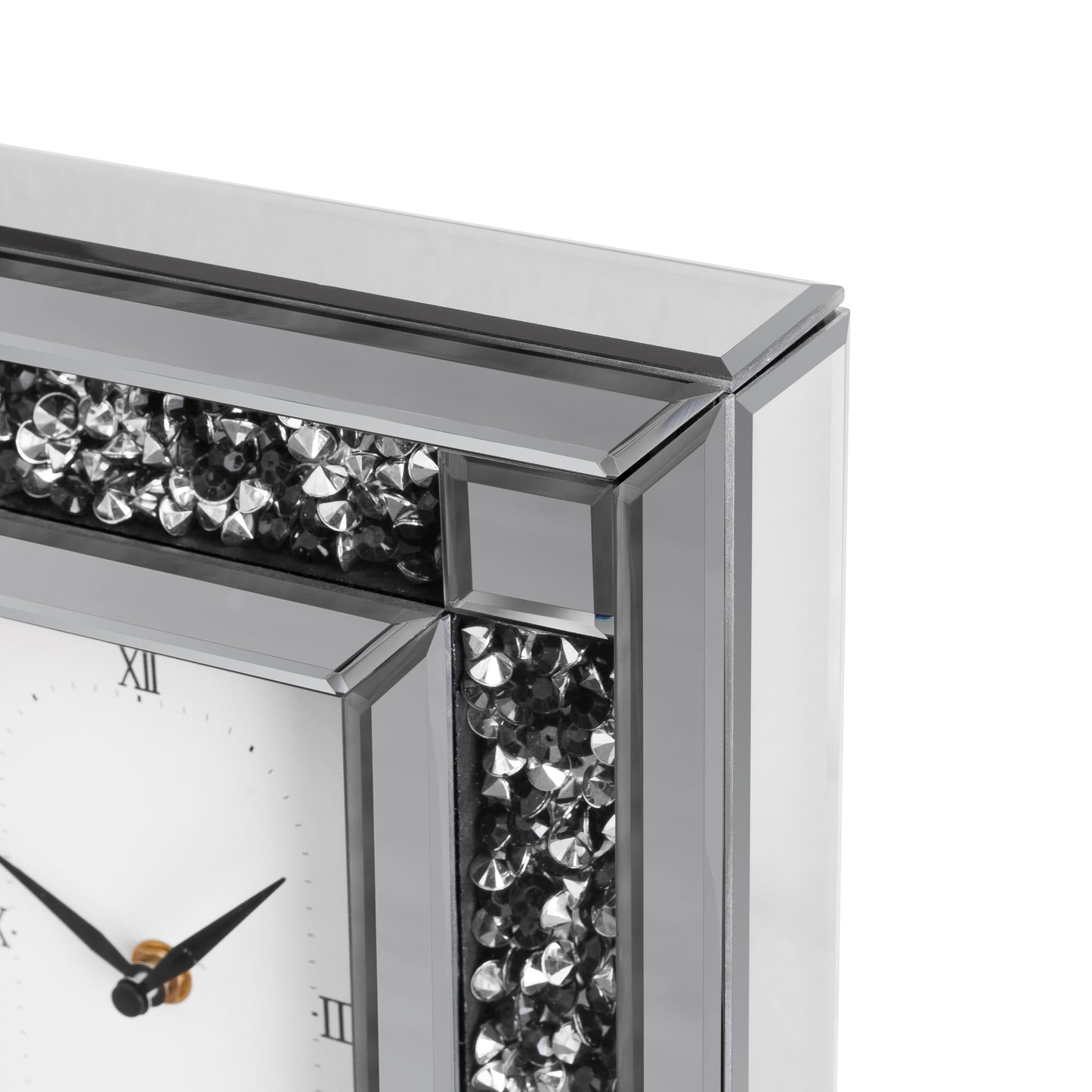 SHYFOY Luxury Crystal-Embedded Mirrored Table Clock, Elegant Decorative Clock with Roman Numerals for Home & Office, Silver Glam Desk Clock Home Decor