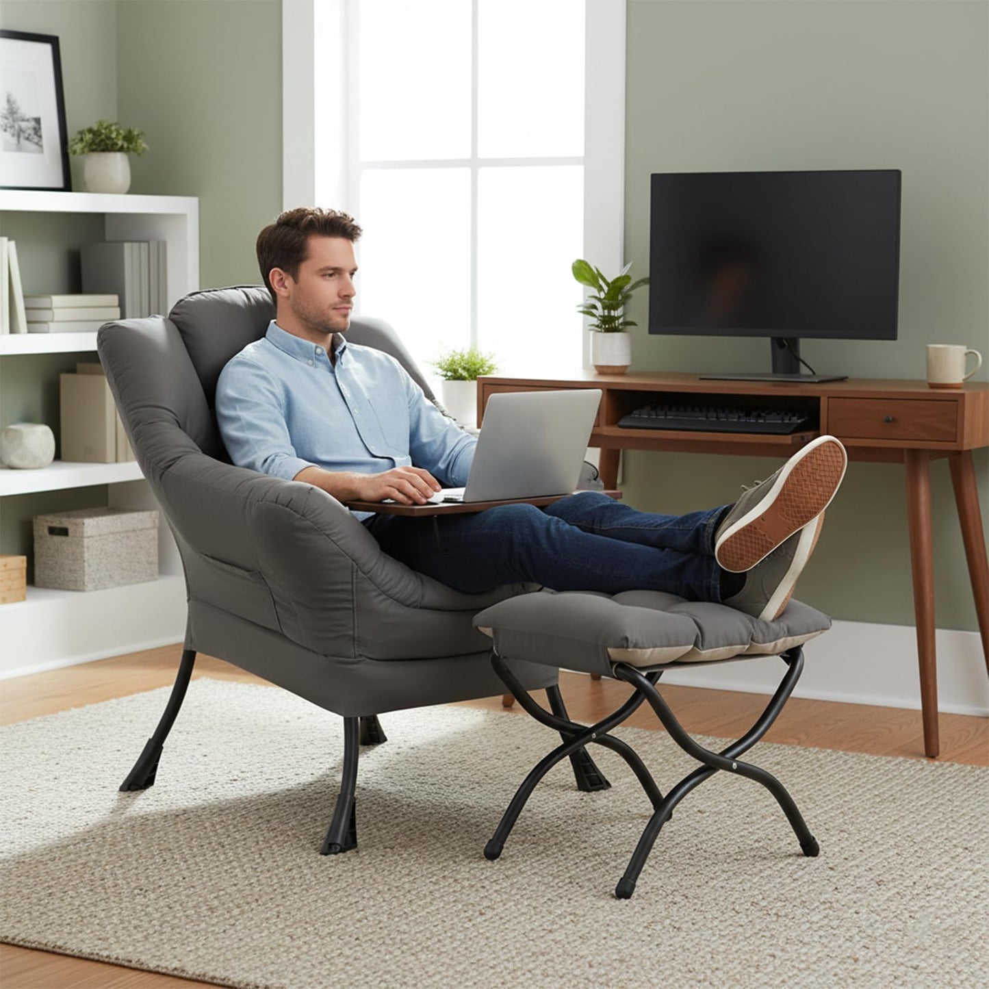 Welnow Lazy Chair with Ottoman, Modern Accent Chair with Armrests and a Side Pocket, Leisure Sofa Armchair, Reading Armchair with Footrest for Small Space, Dark Grey