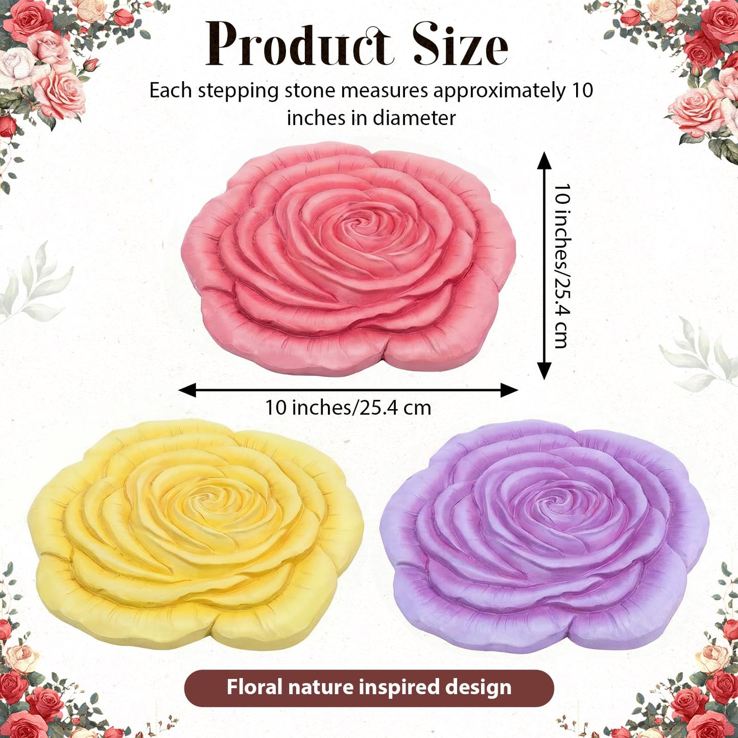 Cinnvoice 3 Pack Garden Stepping Stone Outdoor, Decorative Dimensional Resin Stepping Stones for Patio Pathway Landscaping Walkway Sculpture Yard Backyard Lawn(Rose,10 Inches)