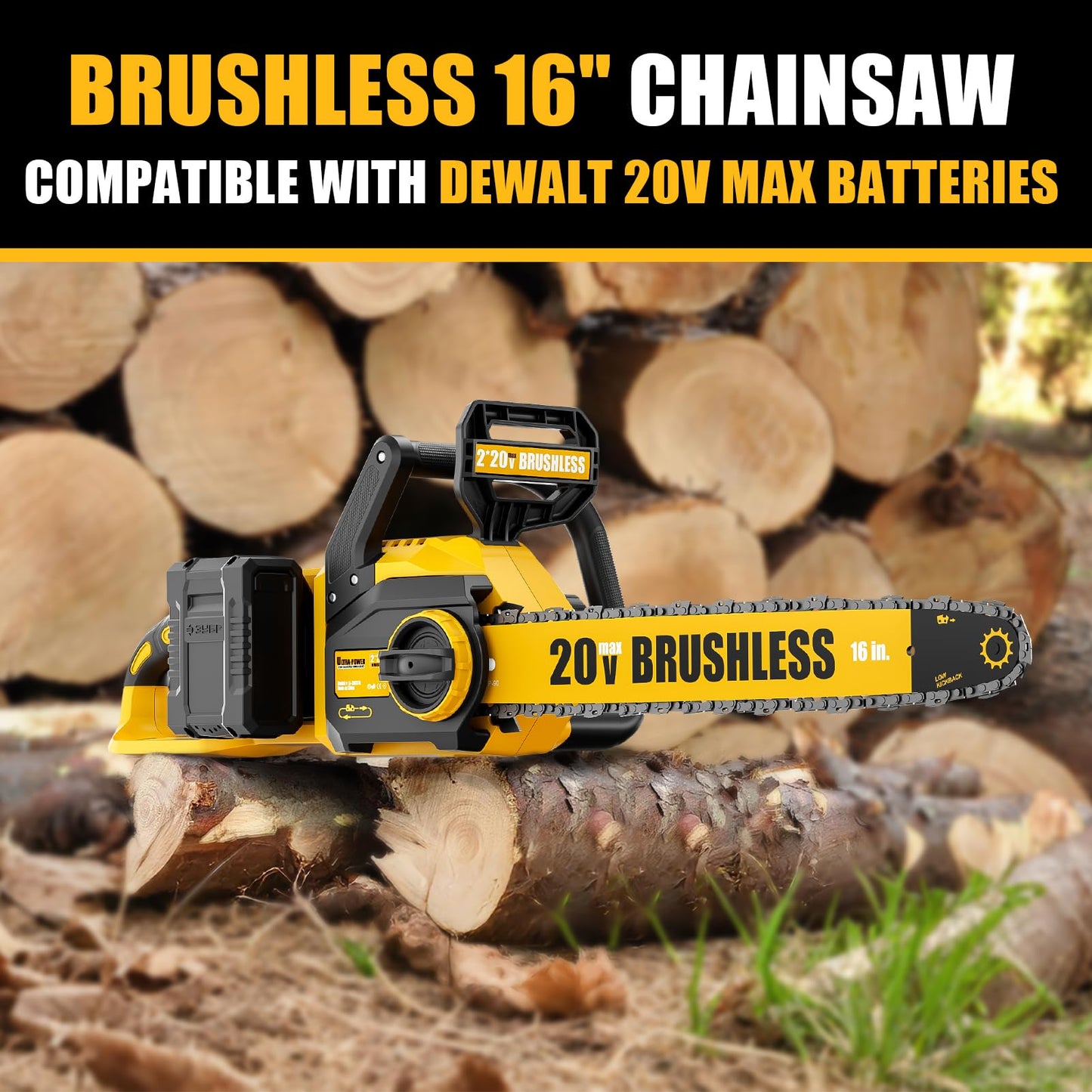 Pyrcruax 40V(20V*2) 16" Brushless Chainsaw Cordless, Electric Chainsaw Fully Compatible with DeWalt 20V MAX, Auto-Oiling, Tool-Free Tensioning, Safety Chain Brake, Batteries and Charger Not Included