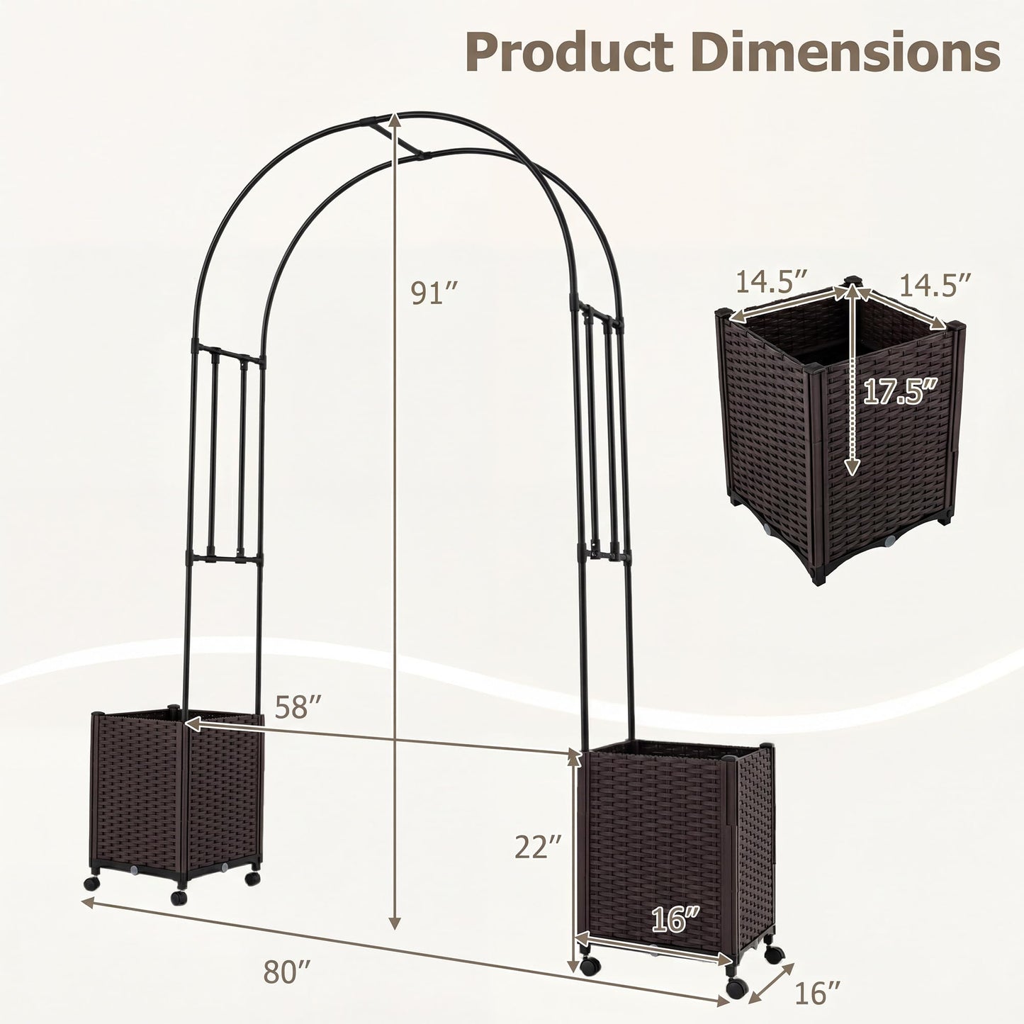 Giantex Metal Garden Arch Trellis Arbor with 2 Self-Watering Planter Boxes, 80" L x 16" W x 91" H PE-Coated Archway with Lockable Rolling Wheels for Climbing Vines, Yard Lawn Party Decorations