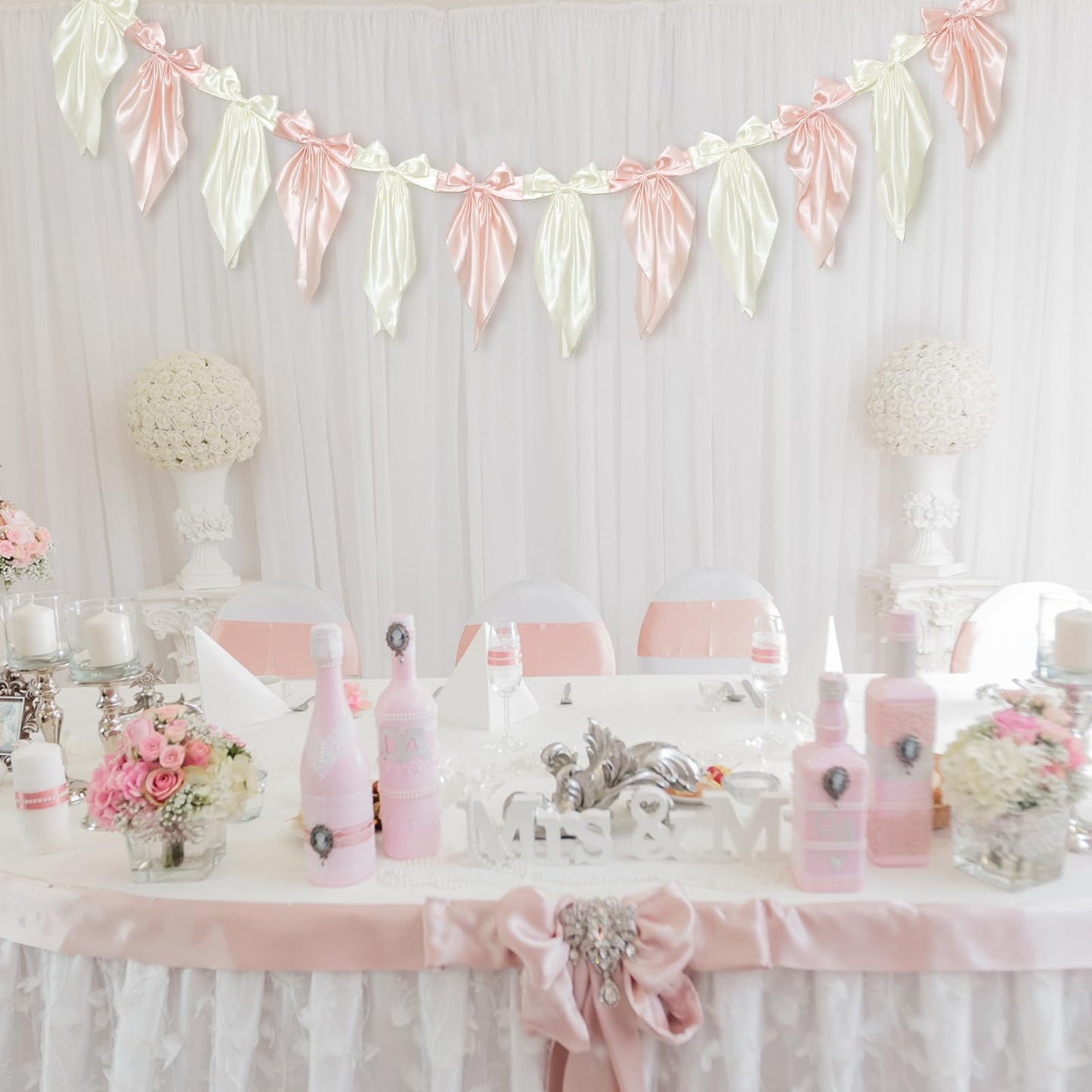 VitalCozy 1 PCS White Pink Bow Garland Banner, Satin Ribbon Hanging Party Bow Garland Decoration for Birthday Baby Shower Wedding Party Supplies