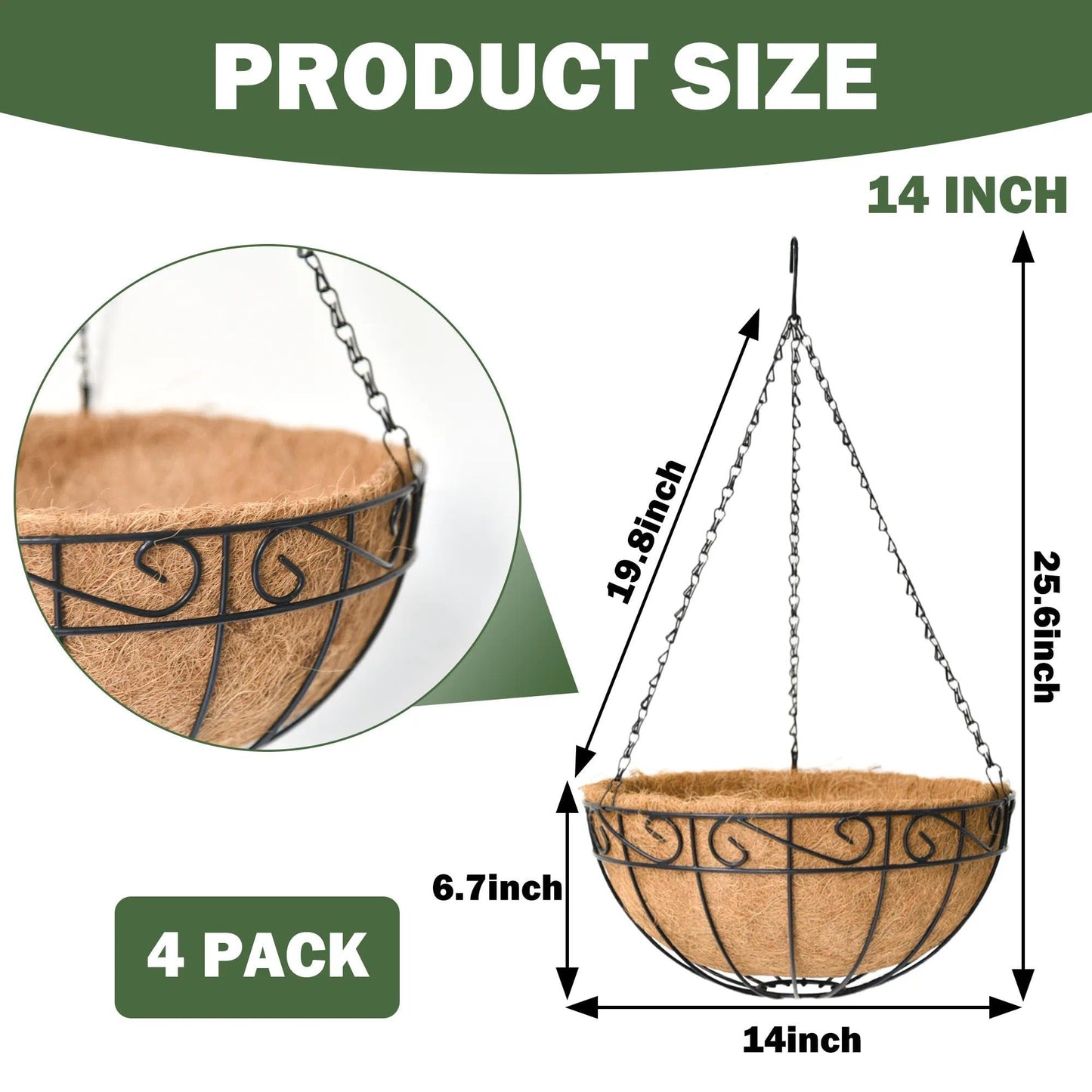 KIDYBELL 4 Pack 14 Inch Hanging Baskets for Plants Outdoor Metal Hanging Planter Basket with Coco Coir Liner Hanging Flower Pots Holder for Garden, Patio(Flower)