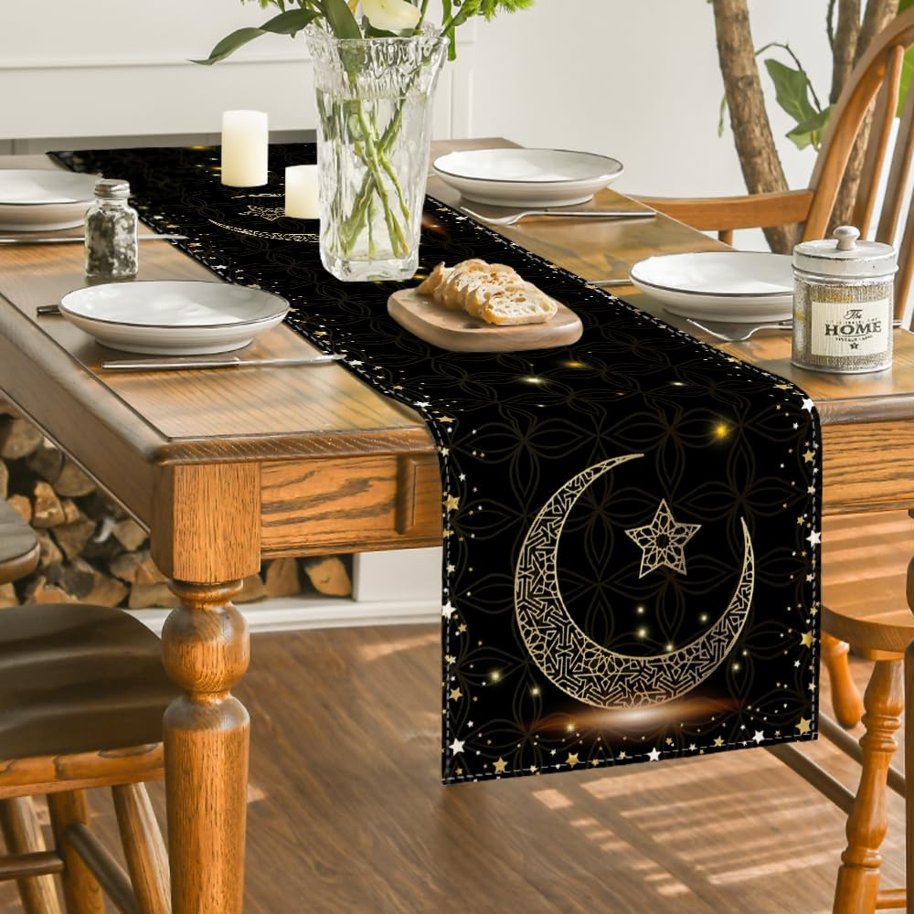 Artoid Mode Black Star Ramadan Moon Table Runner, Seasonal Kitchen Dining Table Decoration for Home Party Decor 13x72 Inch